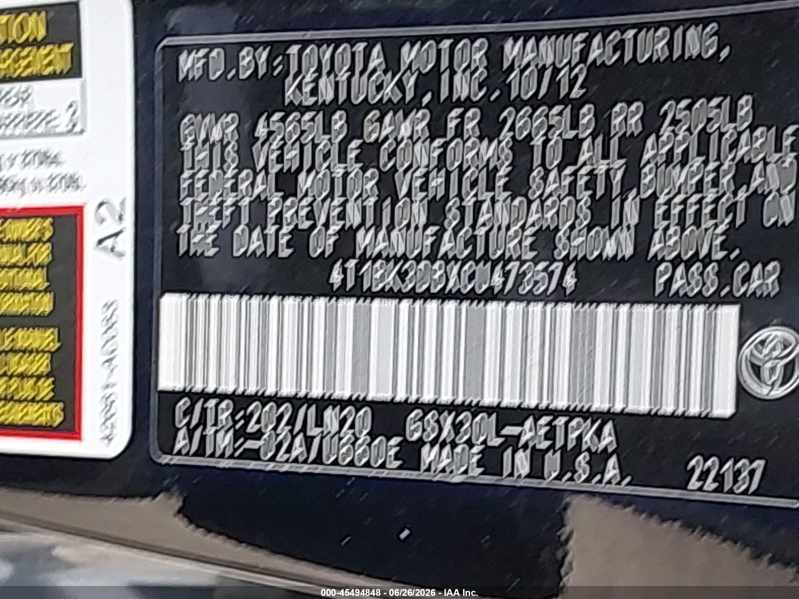 2012 Toyota Avalon Limited Black vin: 4T1BK3DBXCU473574