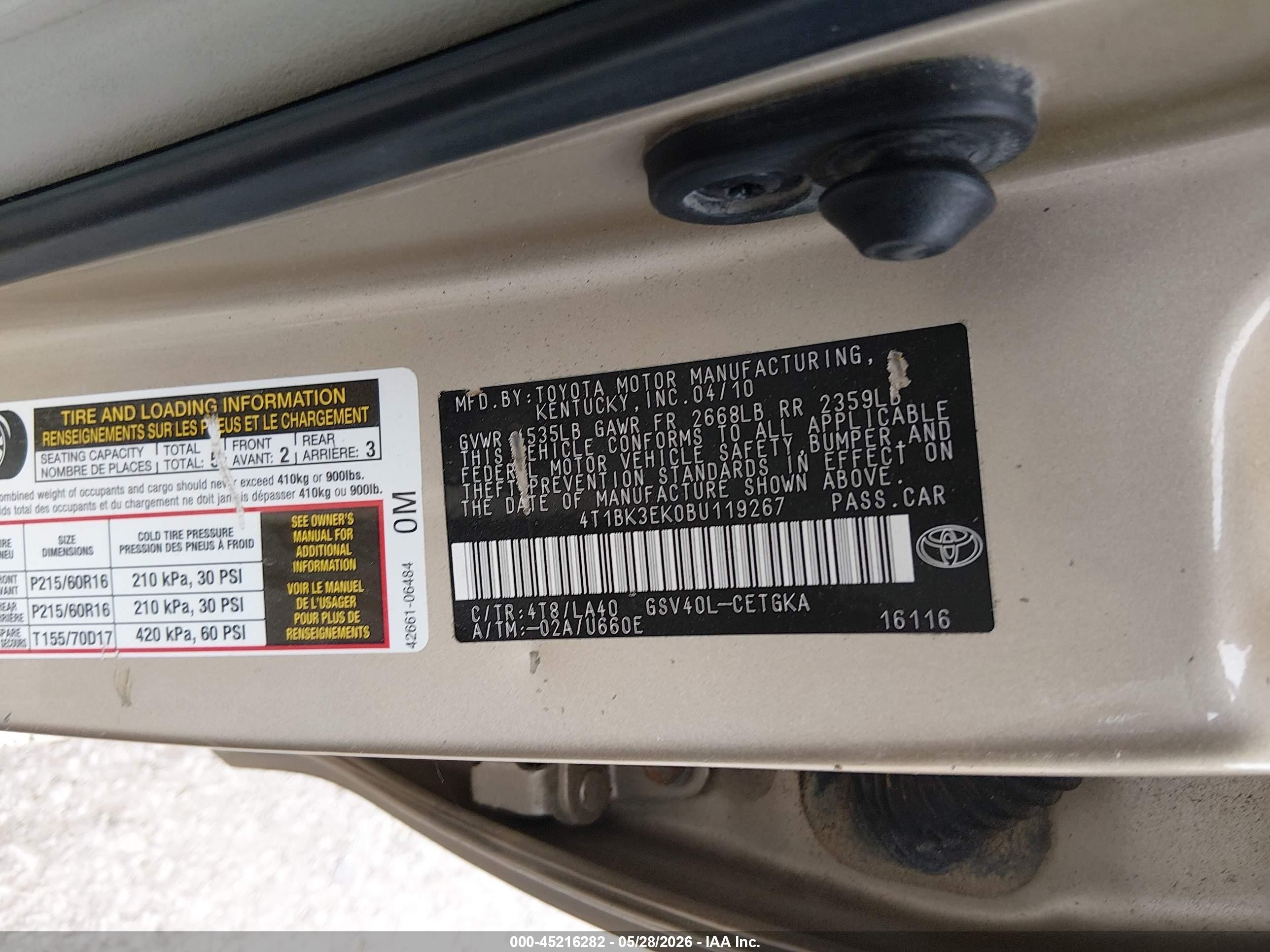 2011 Toyota Camry Xle V6 Gold vin: 4T1BK3EK0BU119267