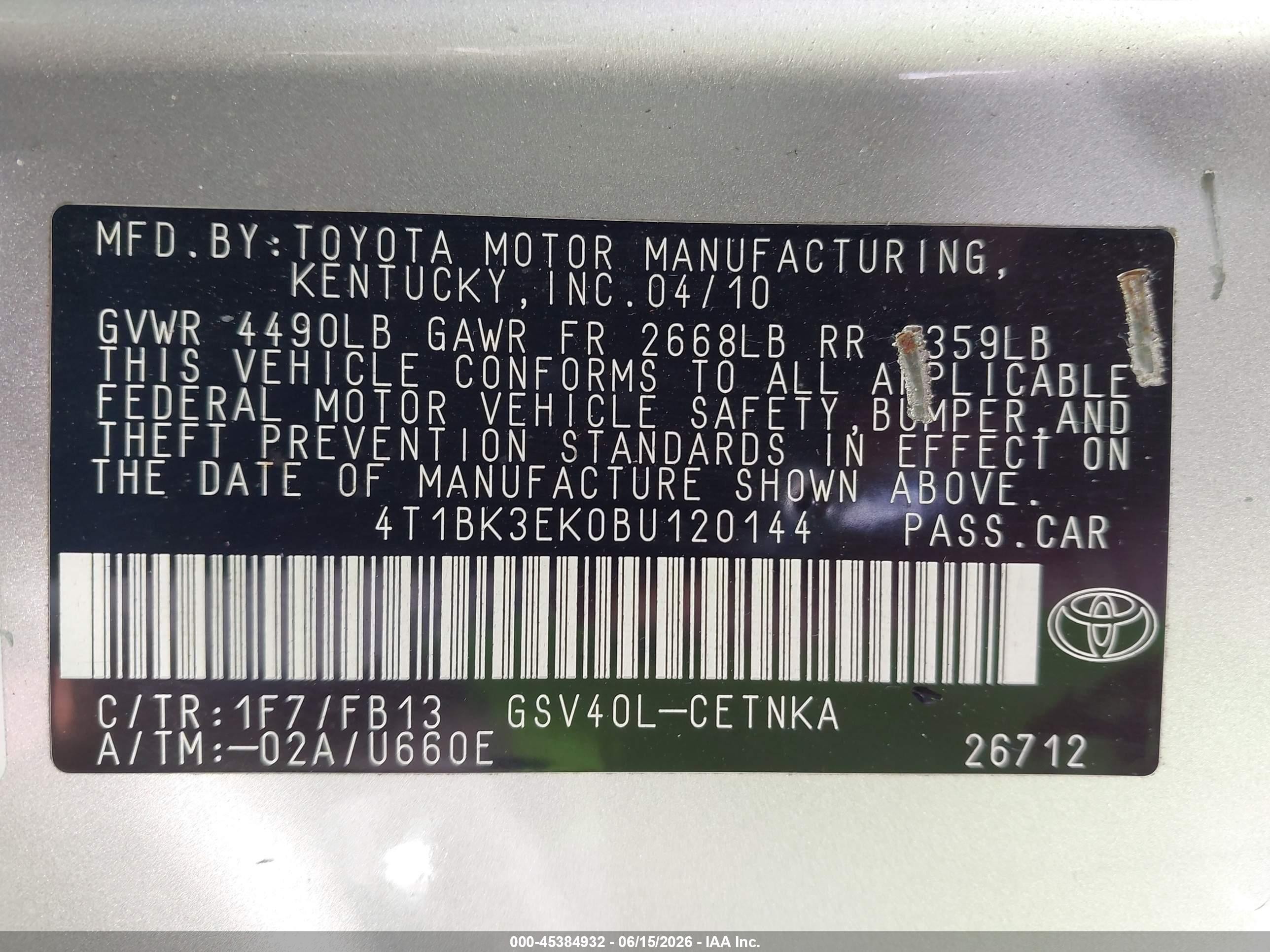 2011 Toyota Camry Le V6 Silver vin: 4T1BK3EK0BU120144