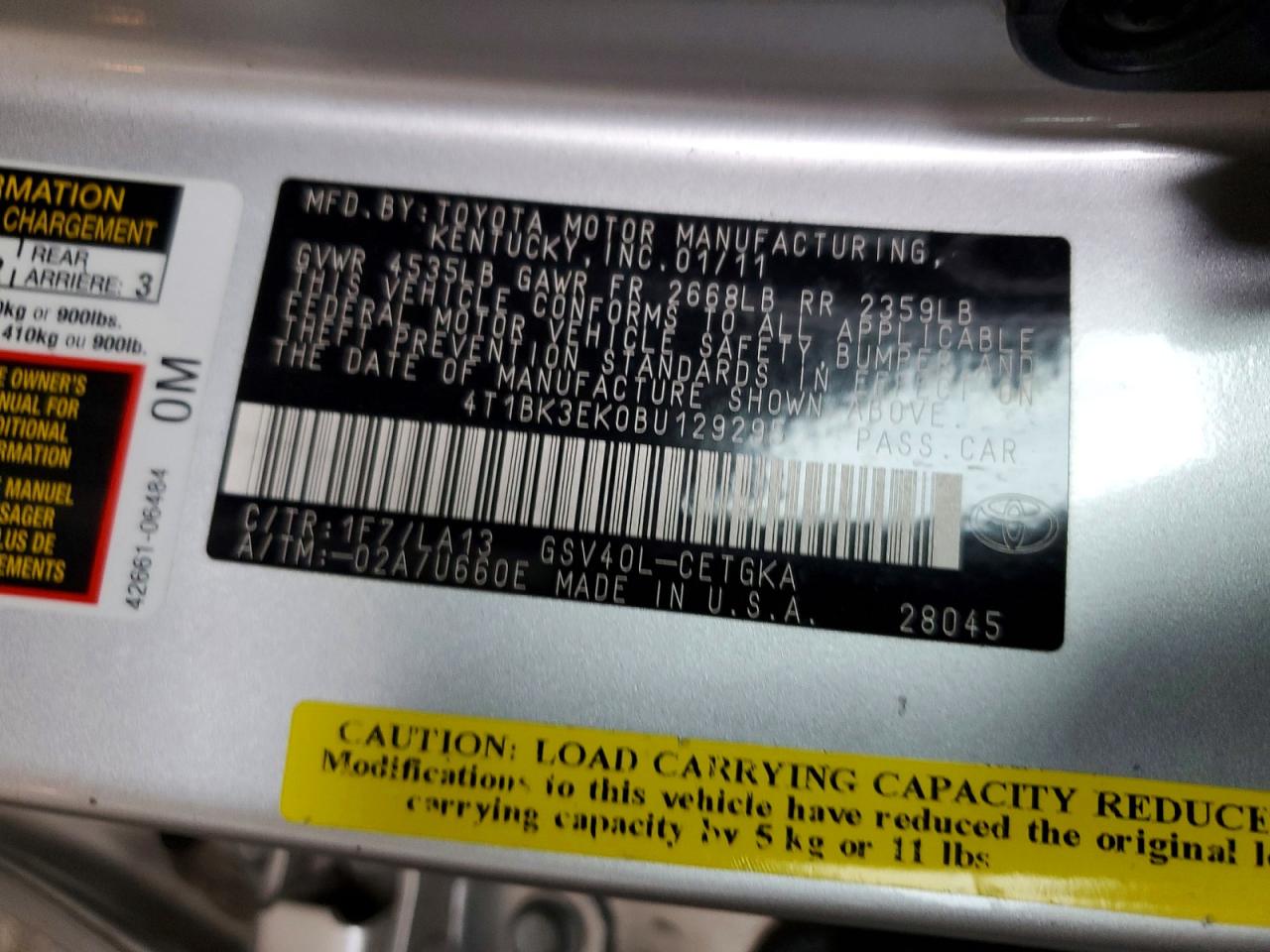 2011 Toyota Camry Xle V6 Silver vin: 4T1BK3EK0BU129295