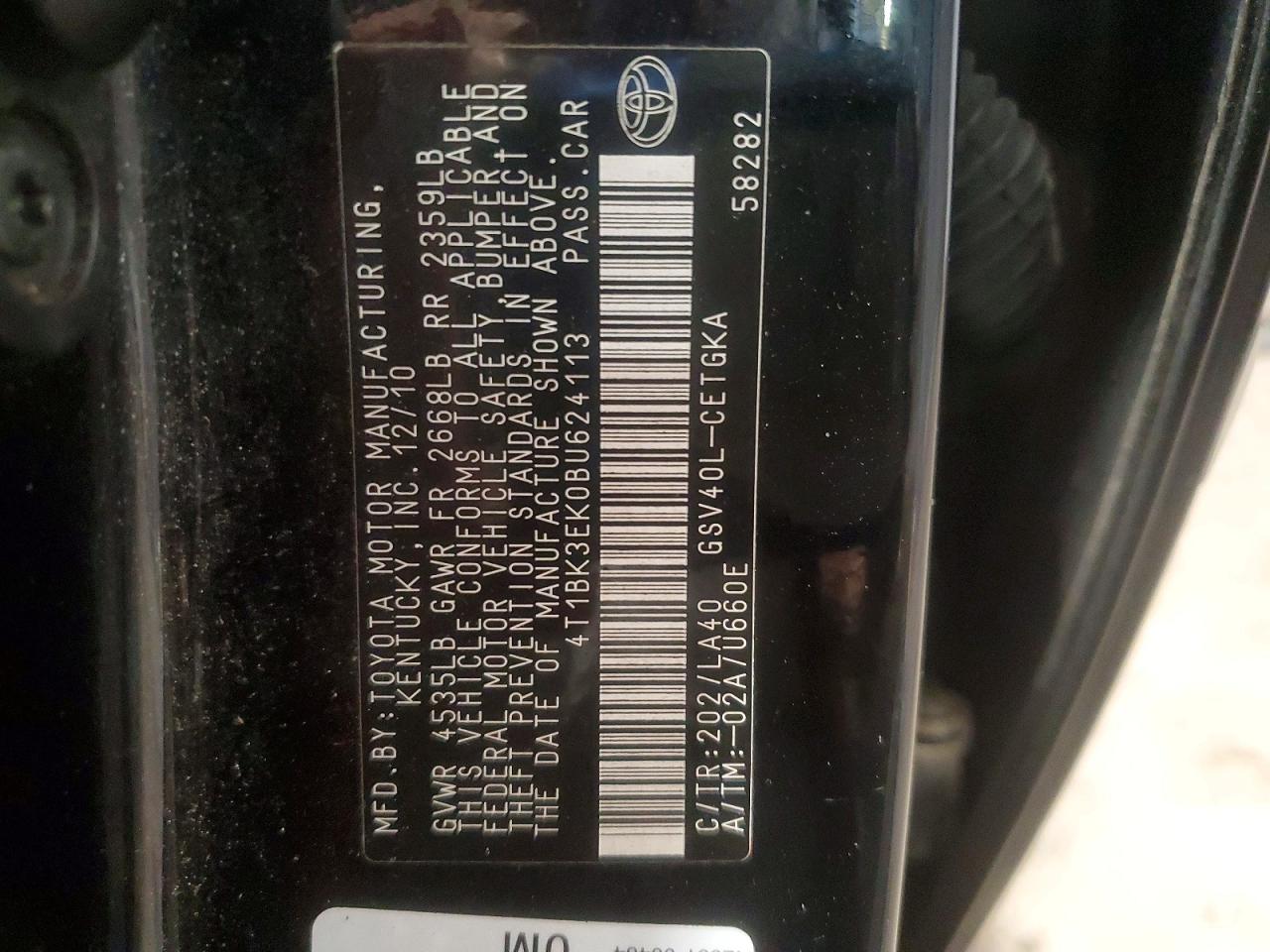 2011 Toyota Camry Xle V6 Black vin: 4T1BK3EK0BU624113