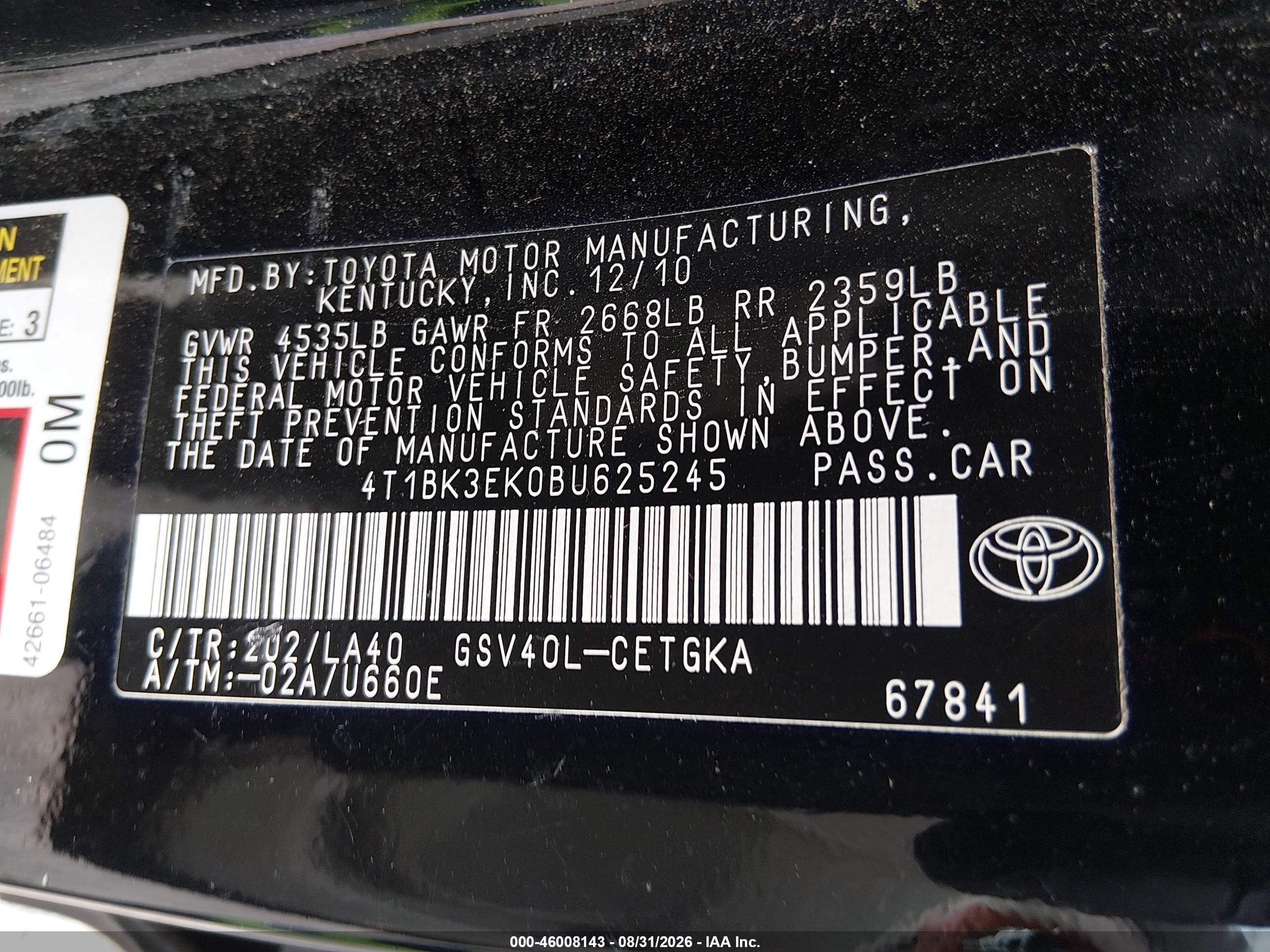 2011 Toyota Camry Xle V6 Black vin: 4T1BK3EK0BU625245
