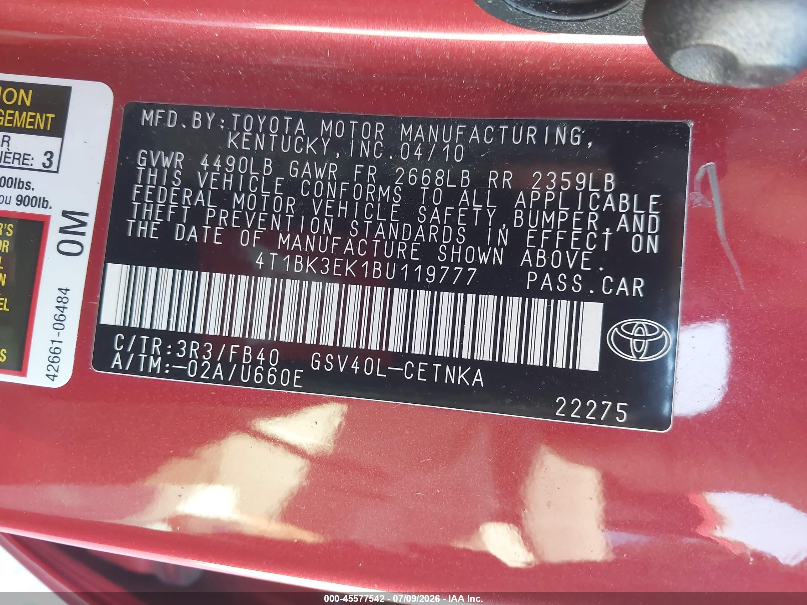 2011 Toyota Camry Le V6 Red vin: 4T1BK3EK1BU119777