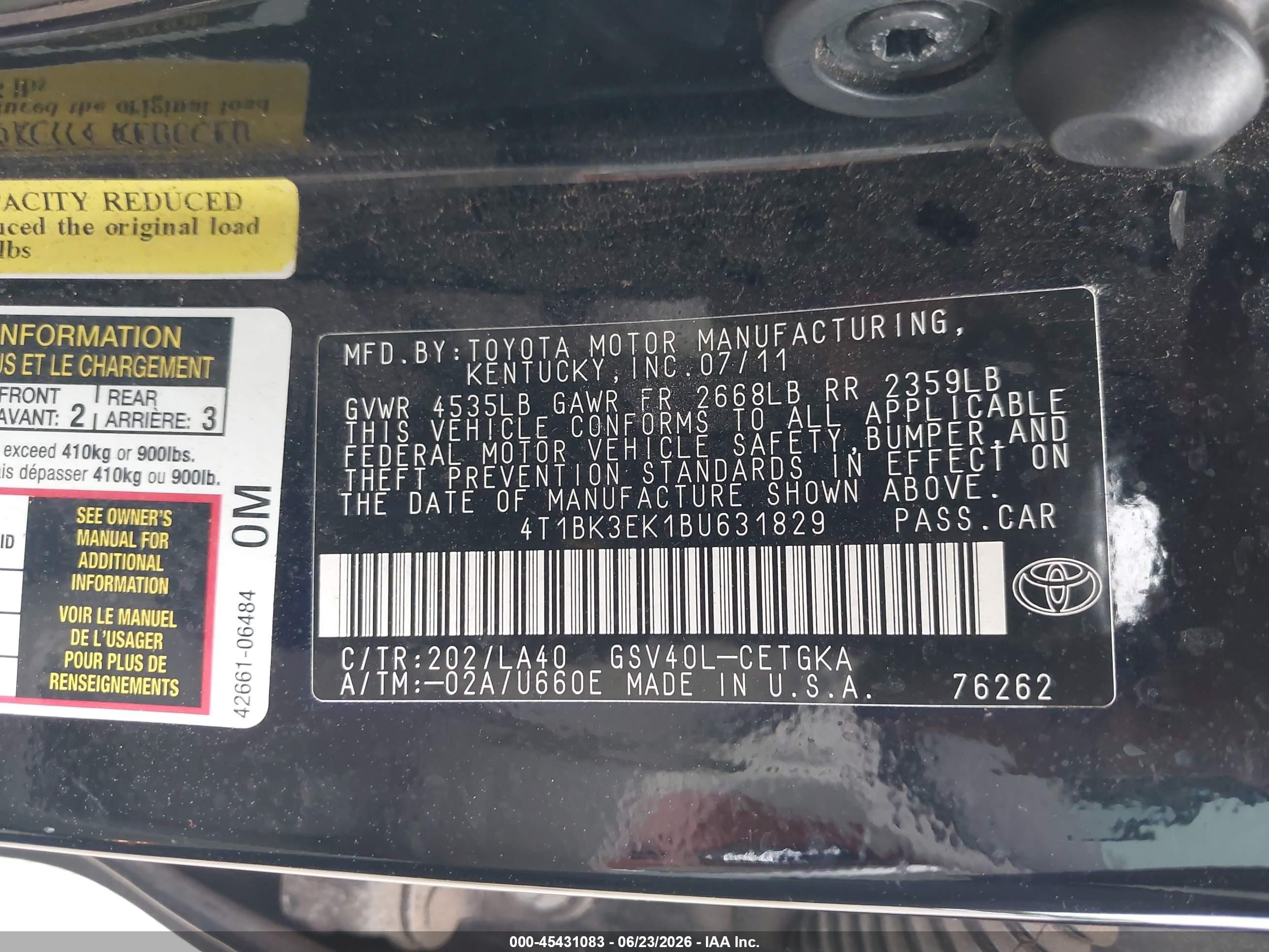 2011 Toyota Camry Xle V6 Черный vin: 4T1BK3EK1BU631829