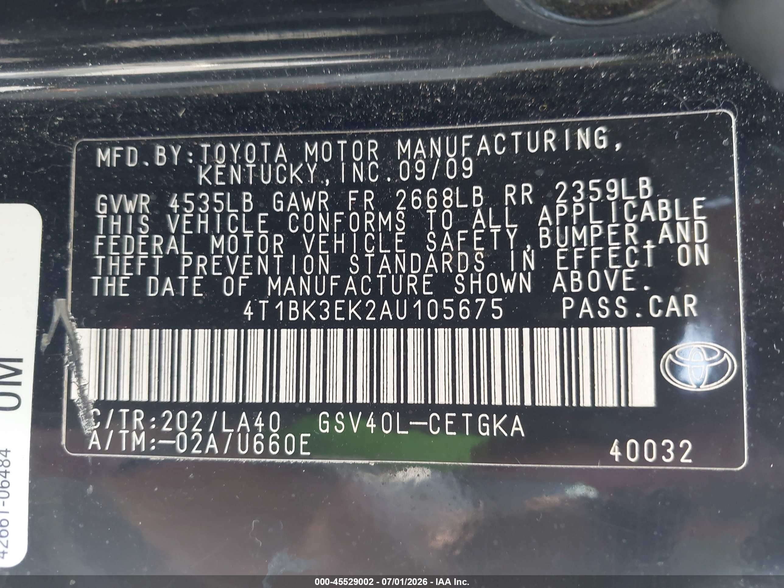 2010 Toyota Camry Xle V6 Black vin: 4T1BK3EK2AU105675