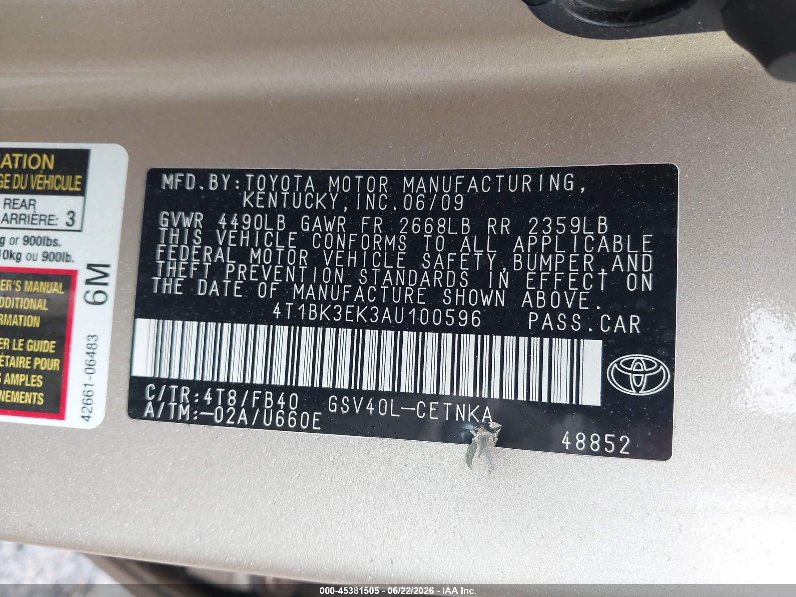 2010 Toyota Camry Le V6 Beige vin: 4T1BK3EK3AU100596