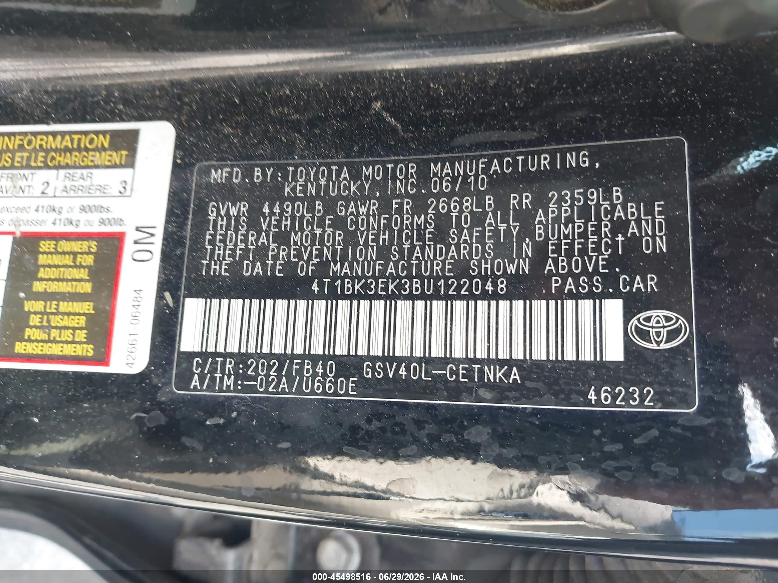 2011 Toyota Camry Le V6 Black vin: 4T1BK3EK3BU122048
