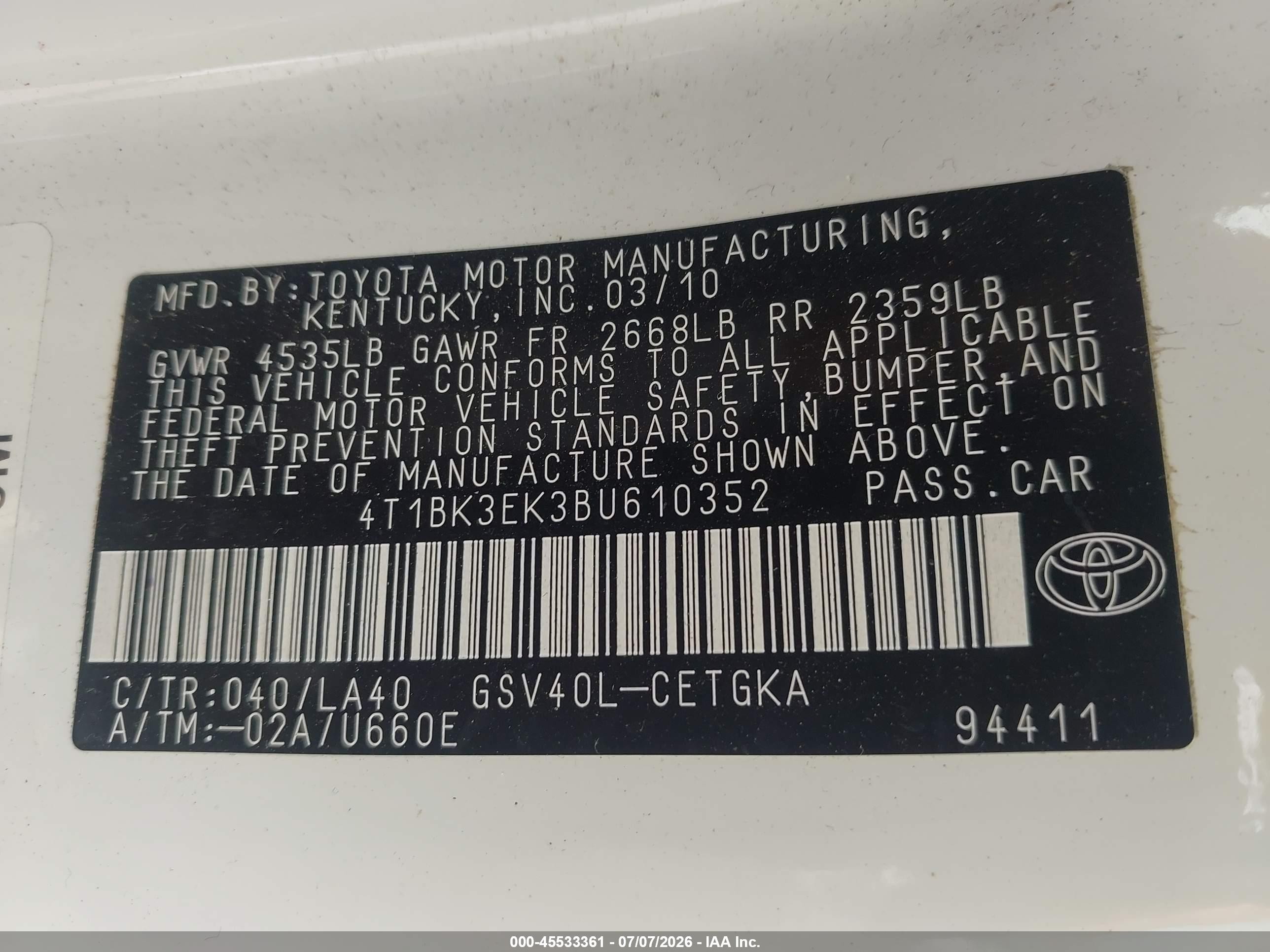 2011 Toyota Camry Xle V6 Белый vin: 4T1BK3EK3BU610352