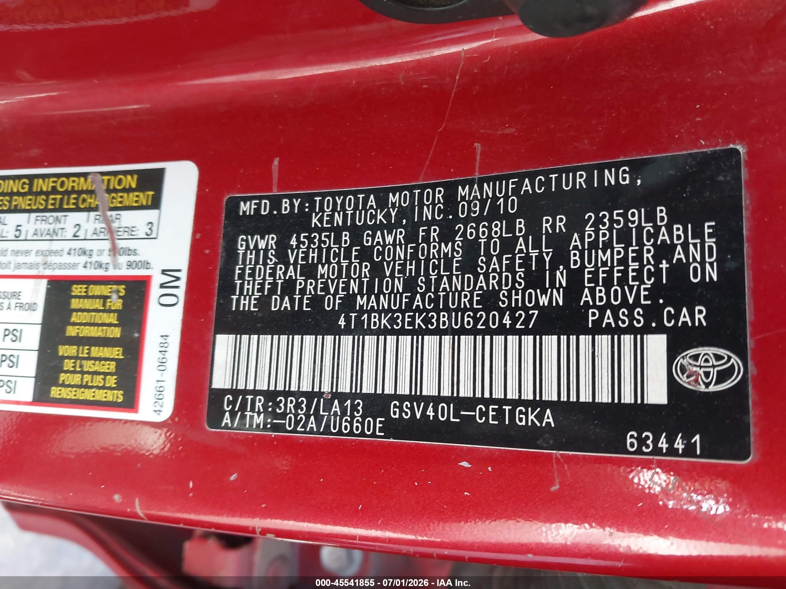 2011 Toyota Camry Xle V6 Red vin: 4T1BK3EK3BU620427
