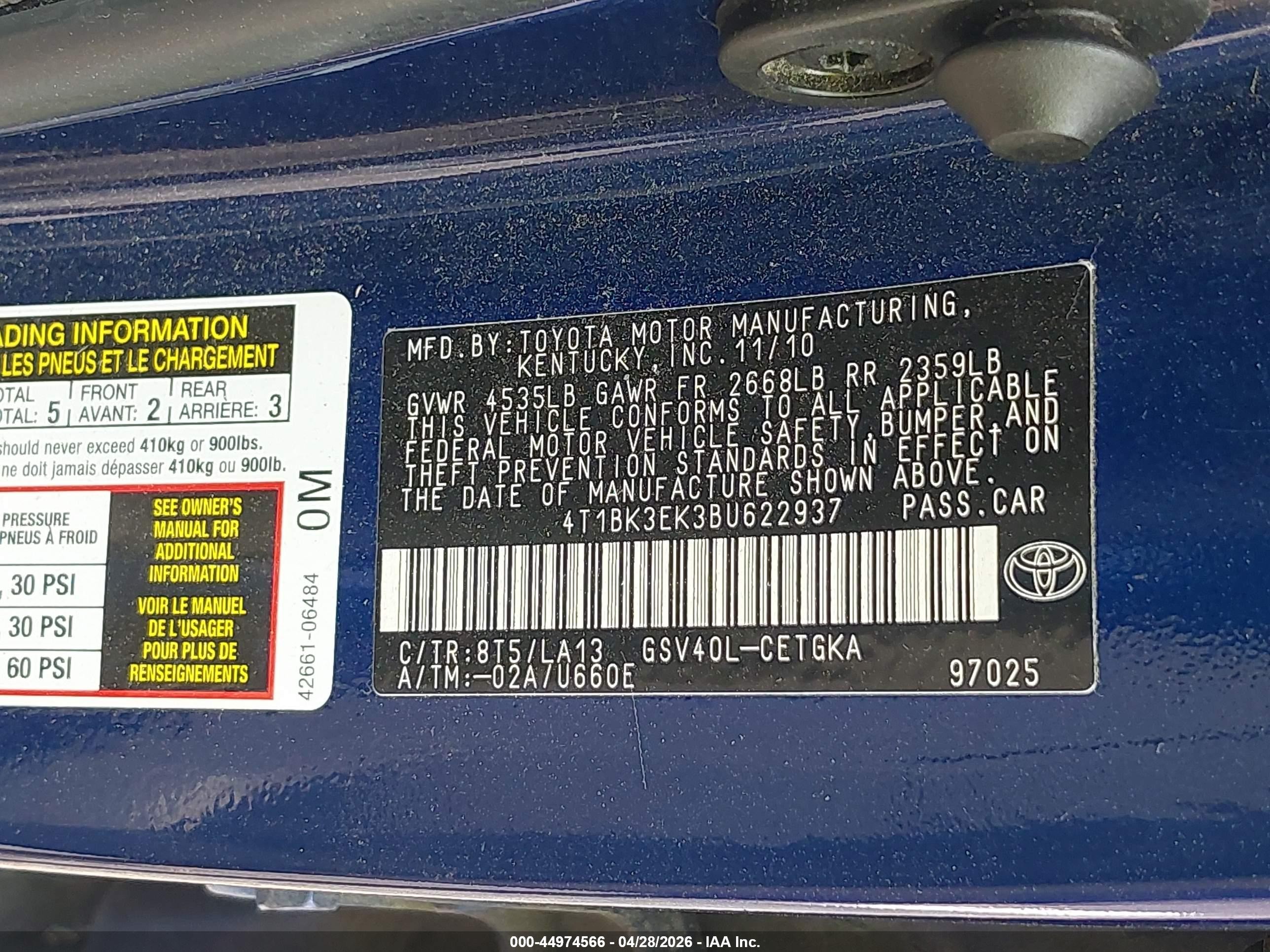 2011 Toyota Camry Xle V6 Синий vin: 4T1BK3EK3BU622937