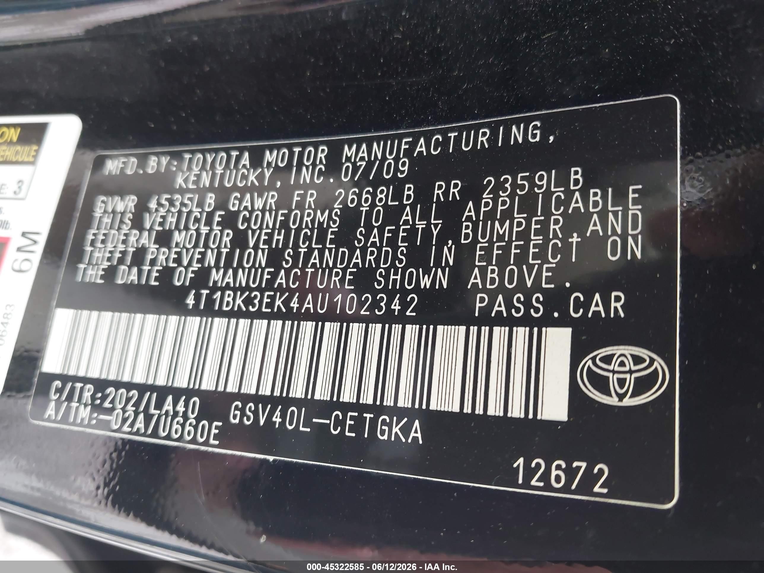2010 Toyota Camry Xle V6 Черный vin: 4T1BK3EK4AU102342