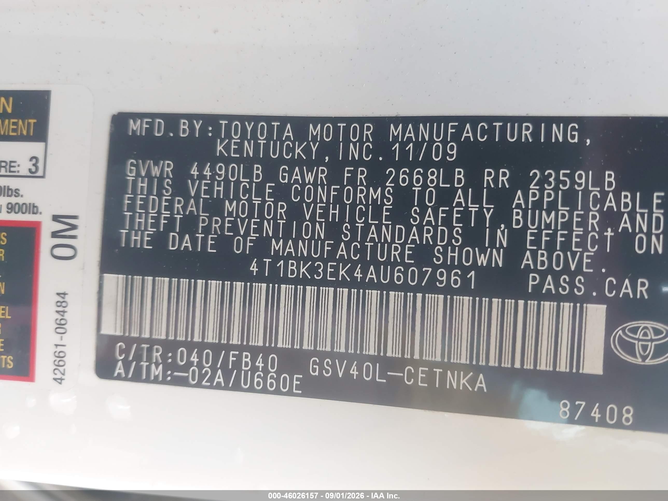 2010 Toyota Camry Le V6 White vin: 4T1BK3EK4AU607961