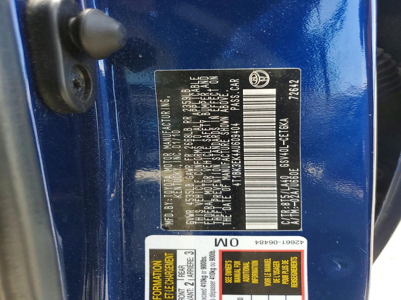 2010 Toyota Camry Xle V6 Blue vin: 4T1BK3EK4AU609404