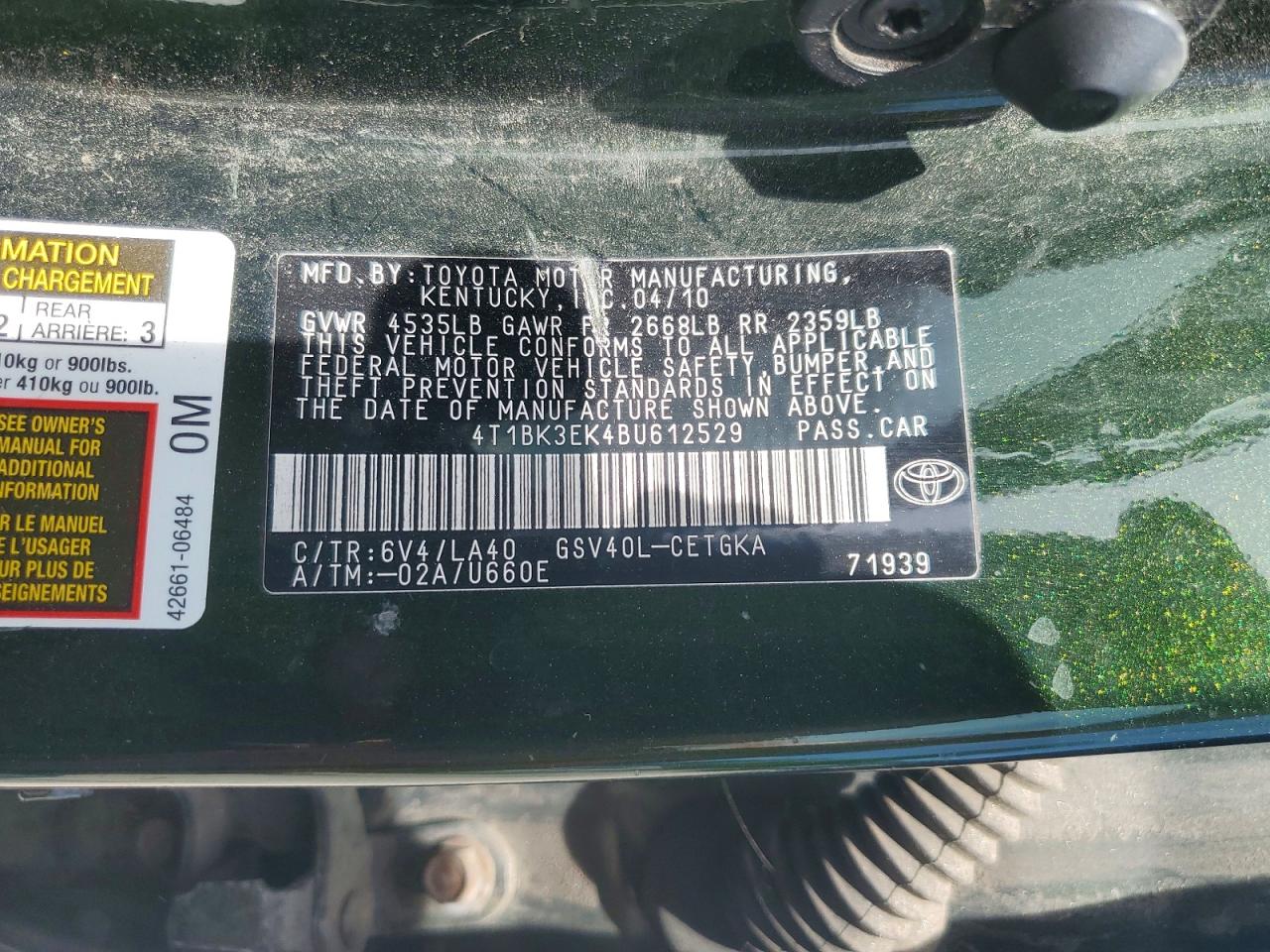 2011 Toyota Camry Xle V6 Green vin: 4T1BK3EK4BU612529