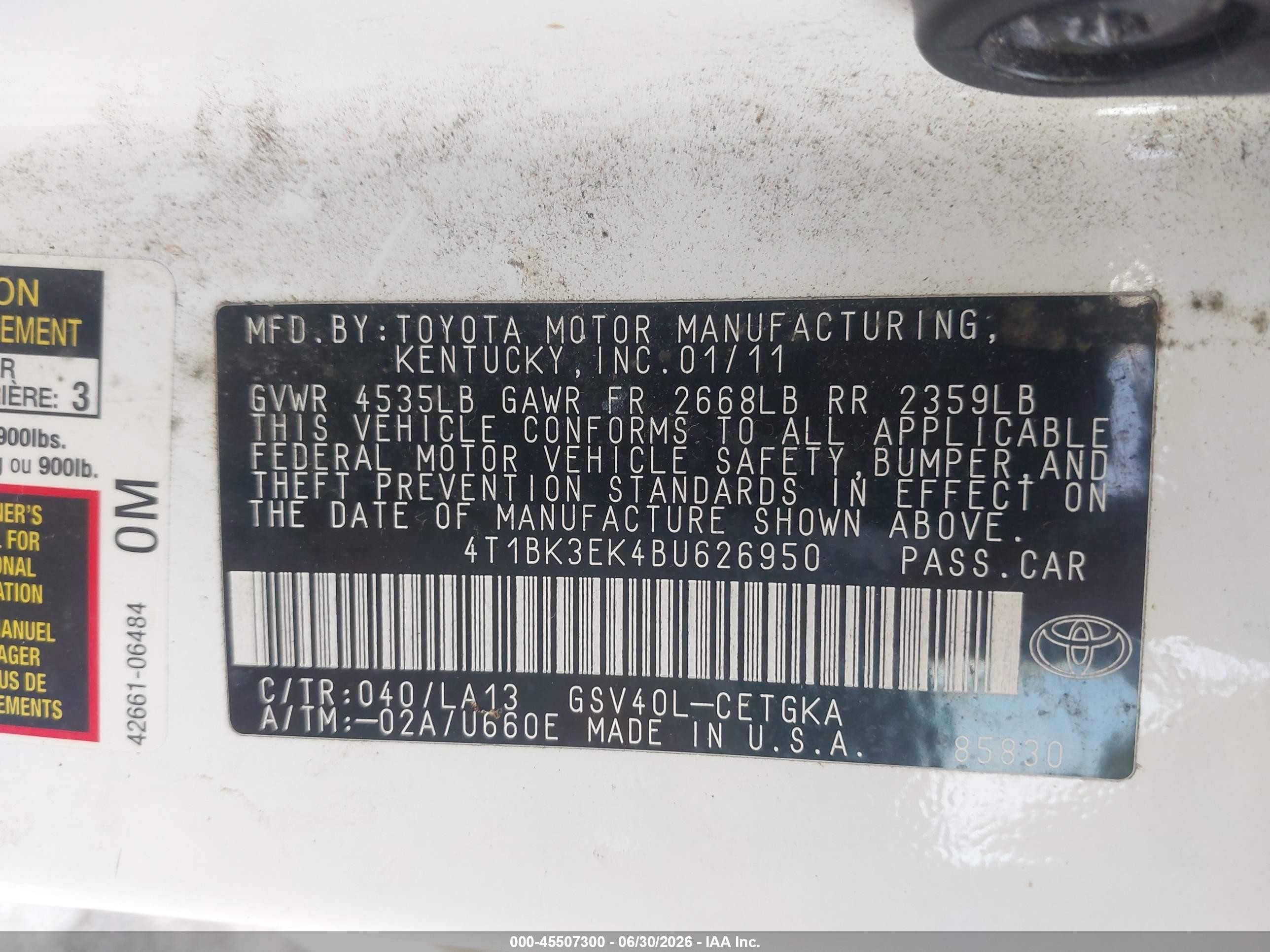 2011 Toyota Camry Xle V6 White vin: 4T1BK3EK4BU626950