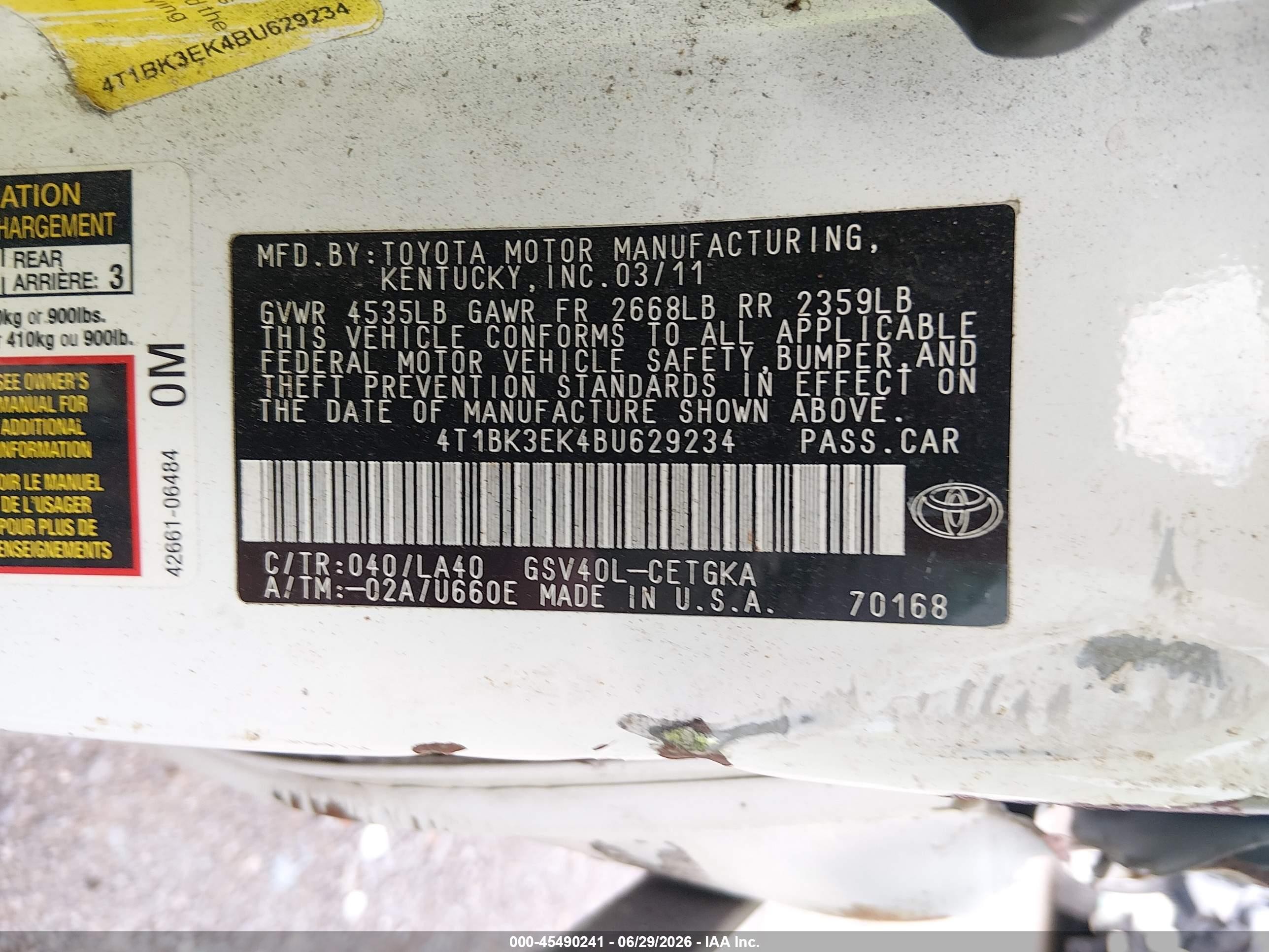 2011 Toyota Camry Xle V6 White vin: 4T1BK3EK4BU629234