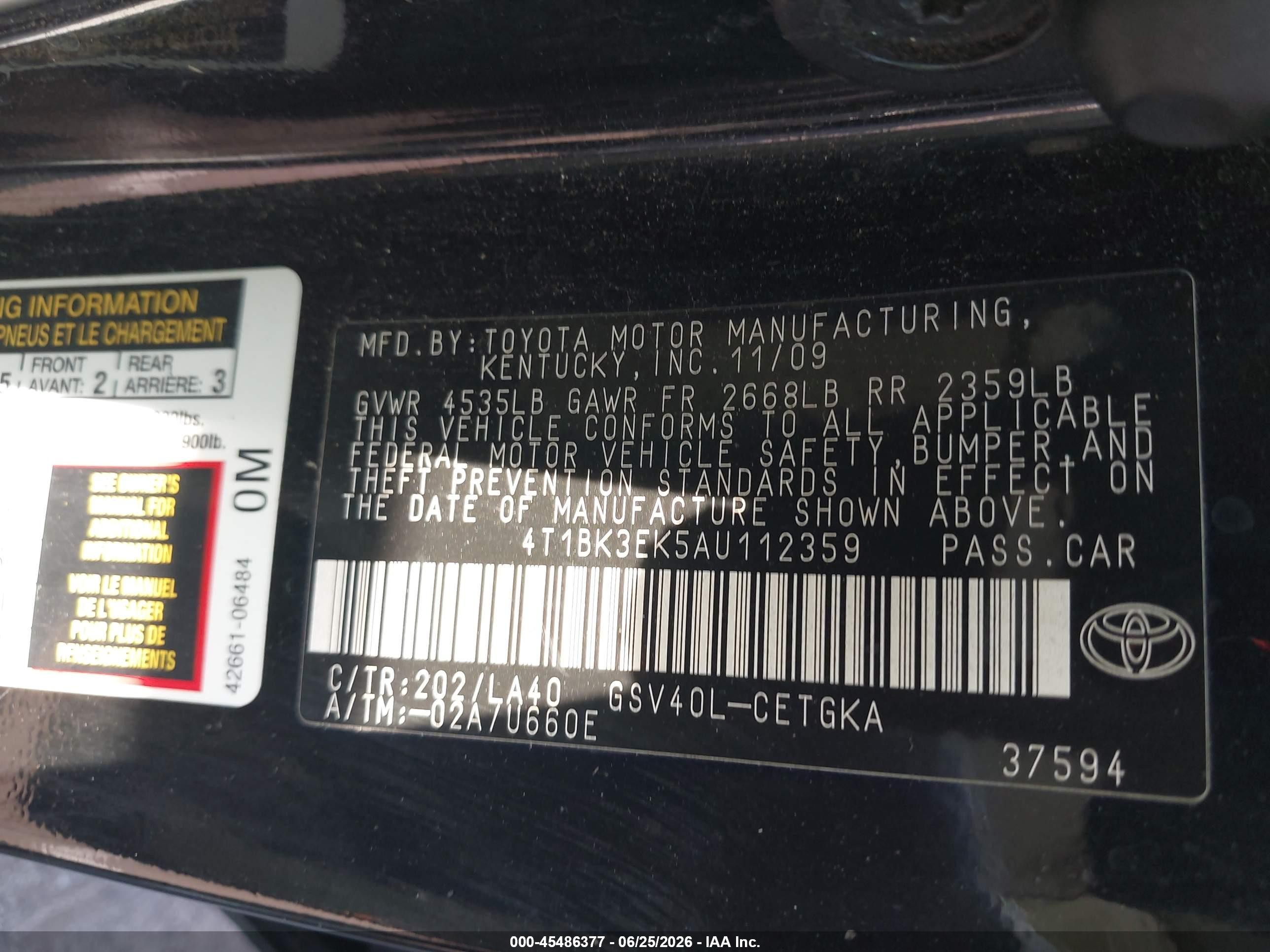 2010 Toyota Camry Xle V6 Black vin: 4T1BK3EK5AU112359
