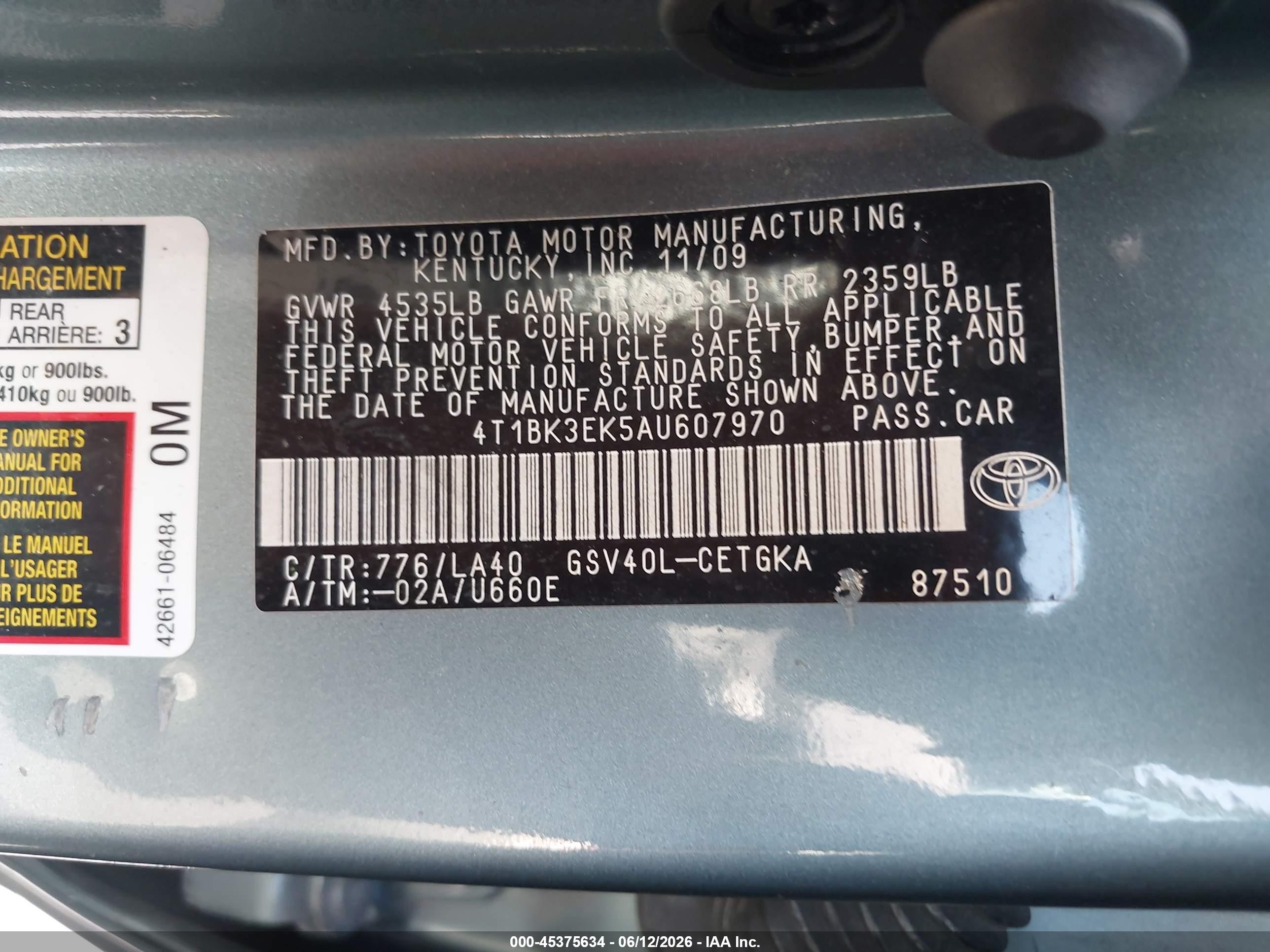 2010 Toyota Camry Xle V6 Green vin: 4T1BK3EK5AU607970