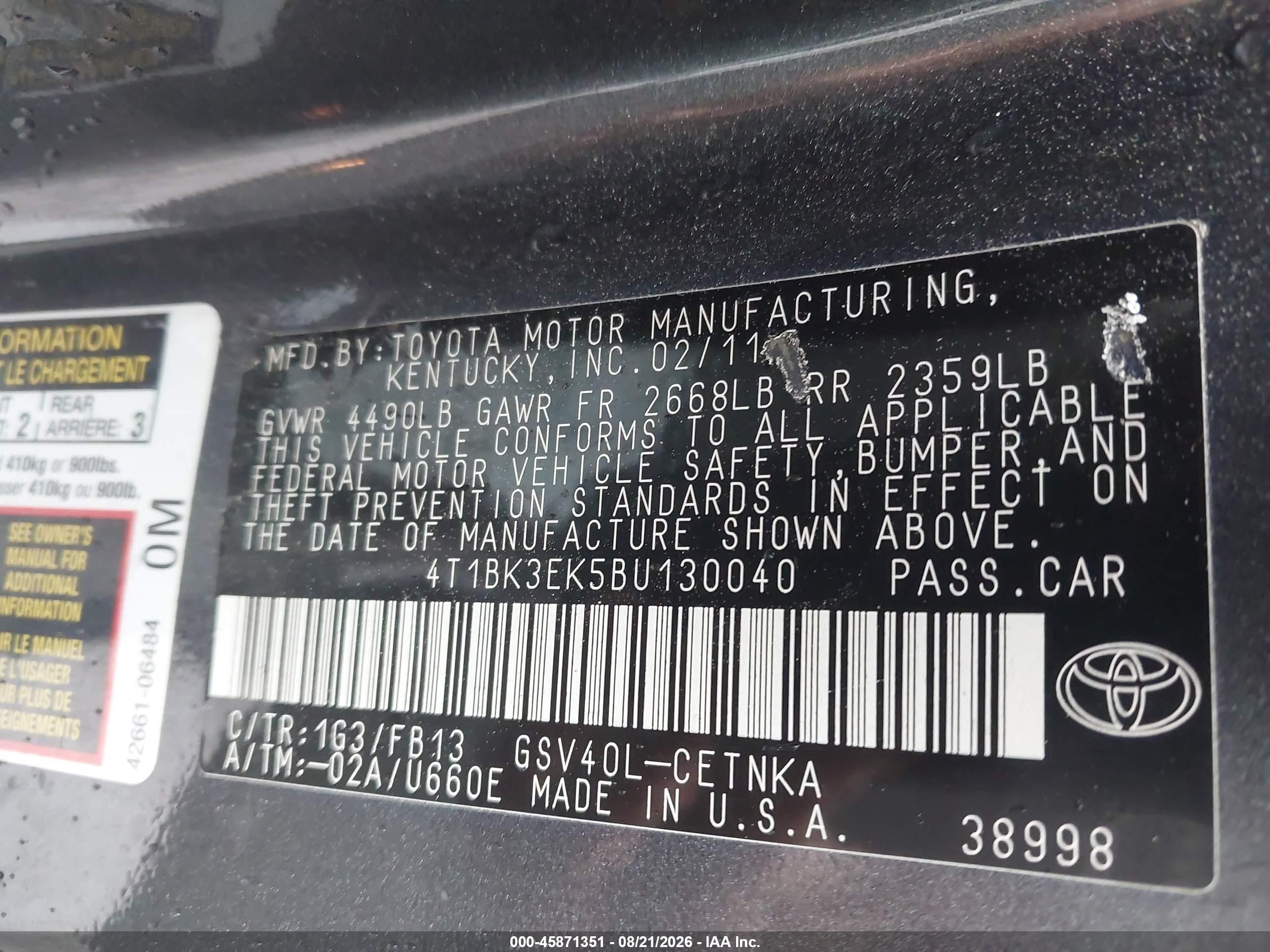 2011 Toyota Camry Le V6 Gray vin: 4T1BK3EK5BU130040