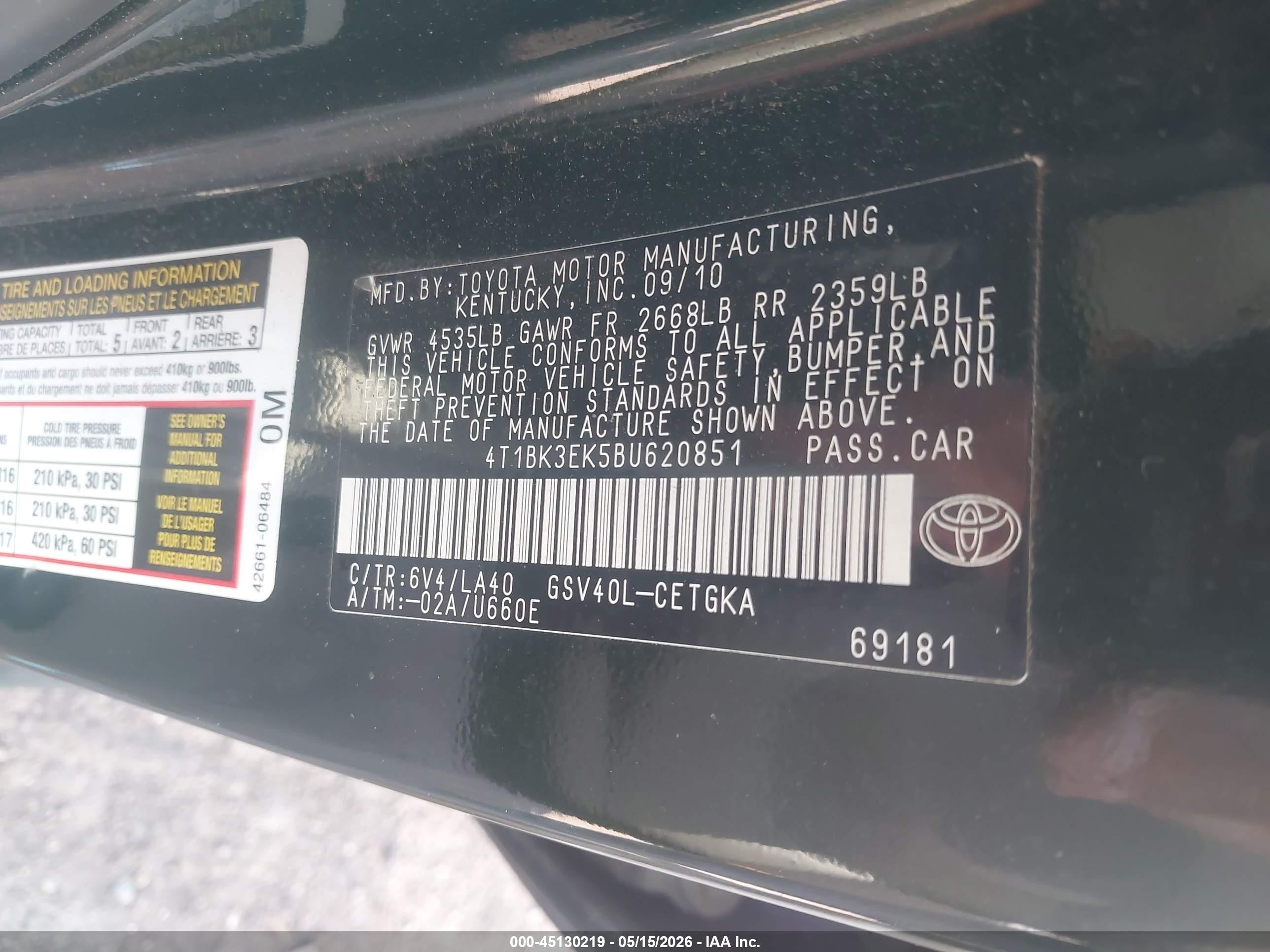 2011 Toyota Camry Xle V6 Green vin: 4T1BK3EK5BU620851