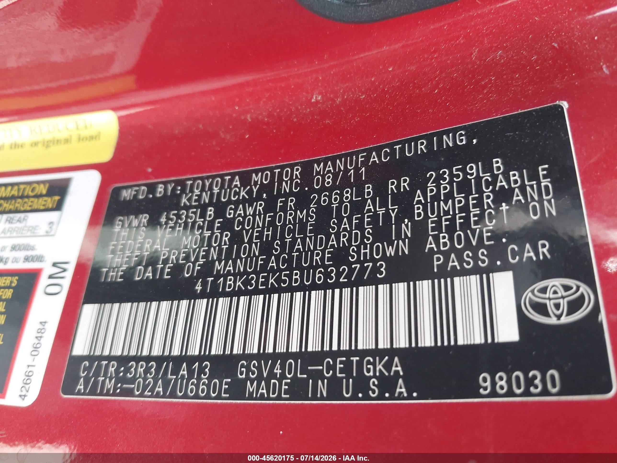 2011 Toyota Camry Xle V6 Red vin: 4T1BK3EK5BU632773