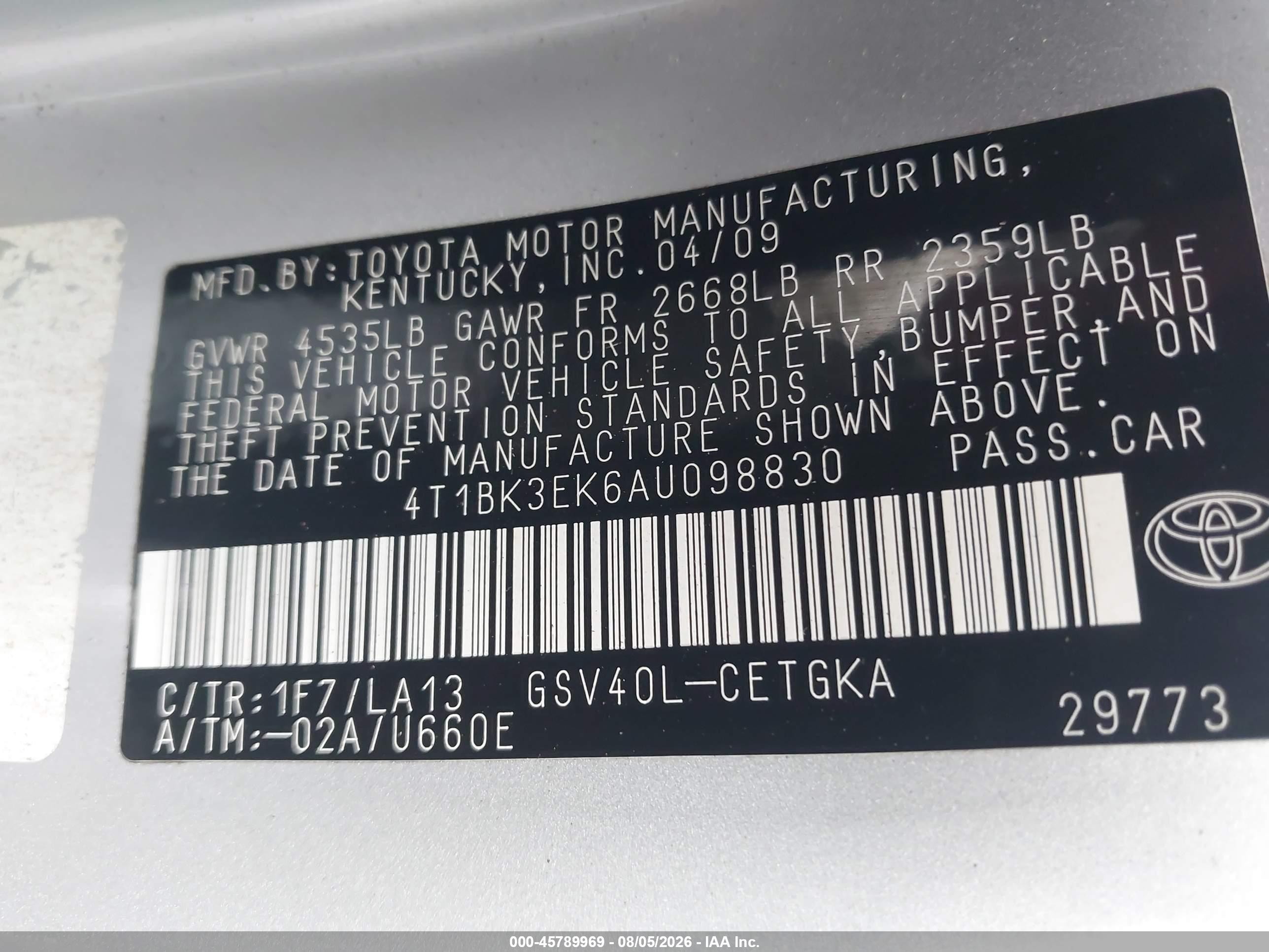 2010 Toyota Camry Xle V6 Silver vin: 4T1BK3EK6AU098830