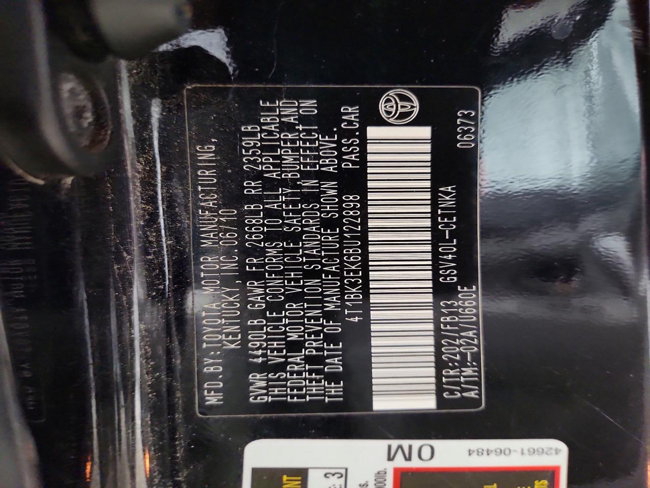 2011 Toyota Camry Le V6 Черный vin: 4T1BK3EK6BU122898