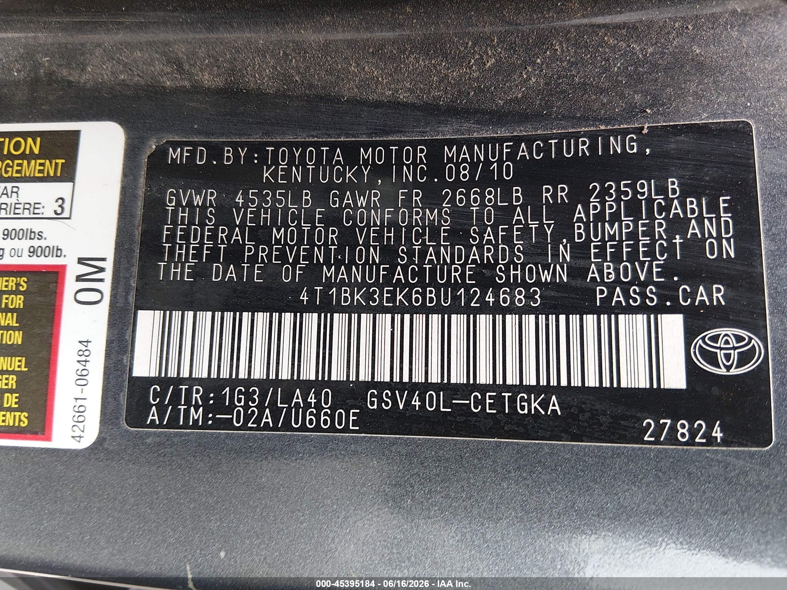 2011 Toyota Camry Xle V6 Gray vin: 4T1BK3EK6BU124683