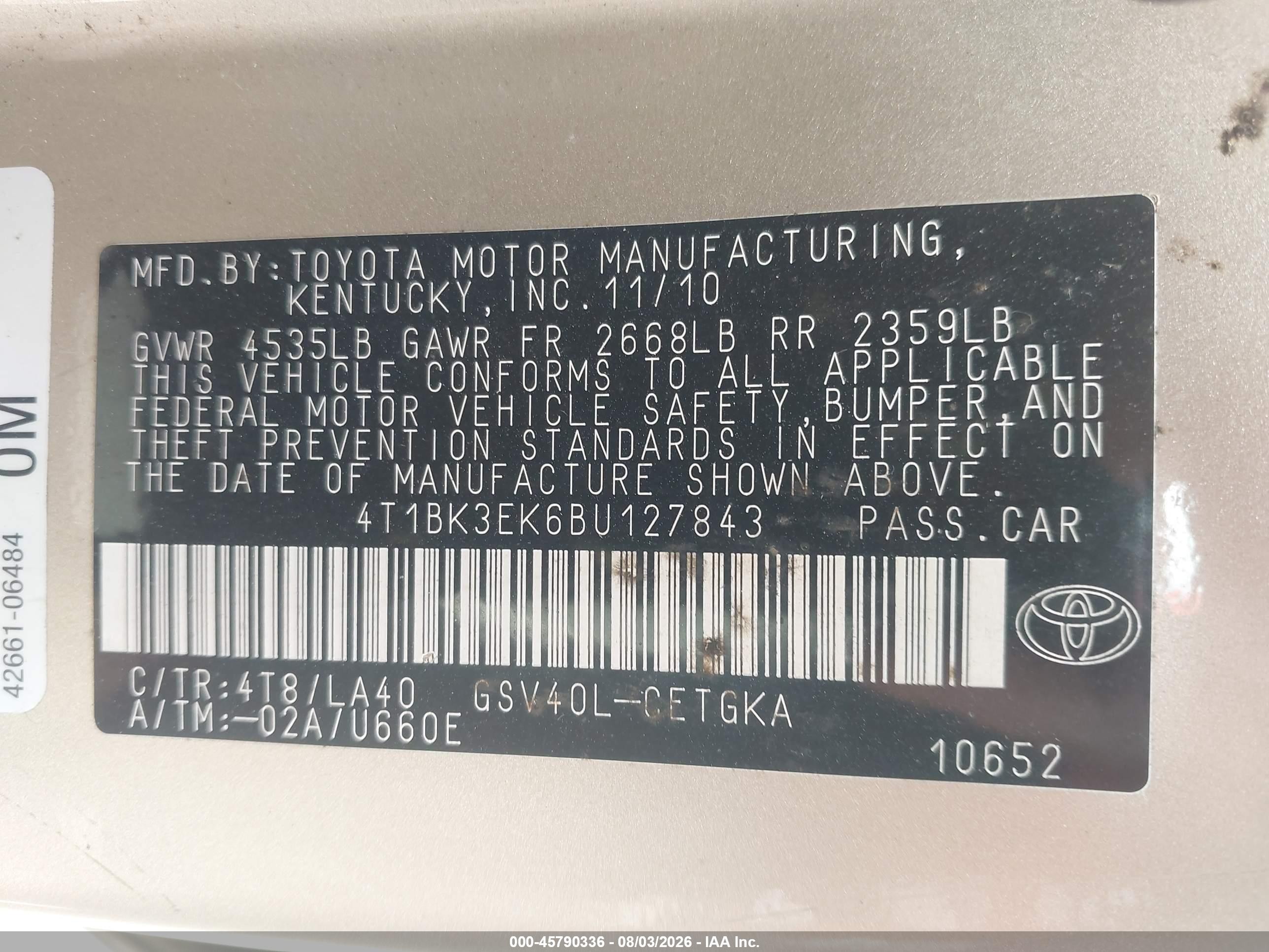 2011 Toyota Camry Xle V6 Tan vin: 4T1BK3EK6BU127843