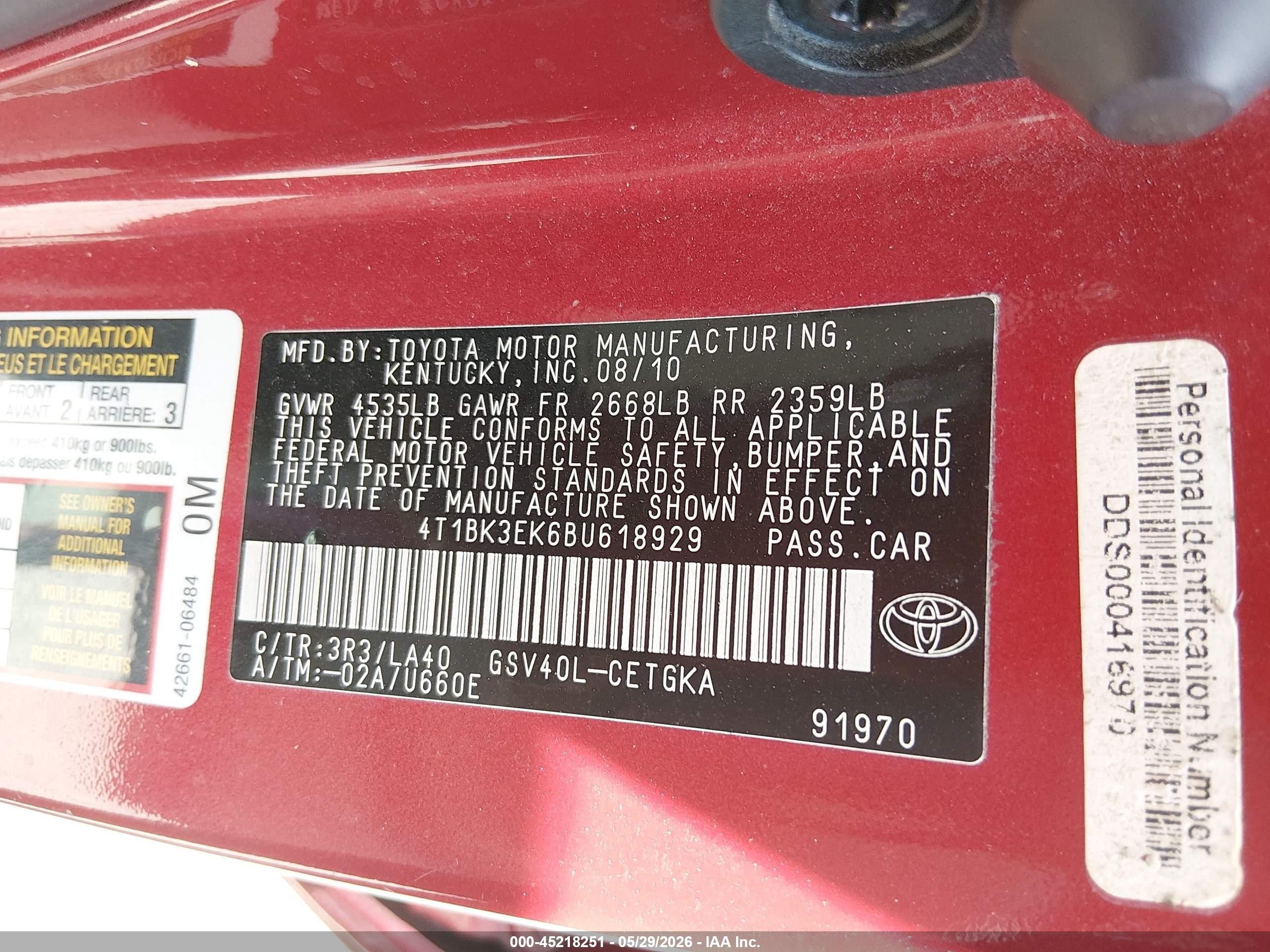 2011 Toyota Camry Xle V6 Red vin: 4T1BK3EK6BU618929