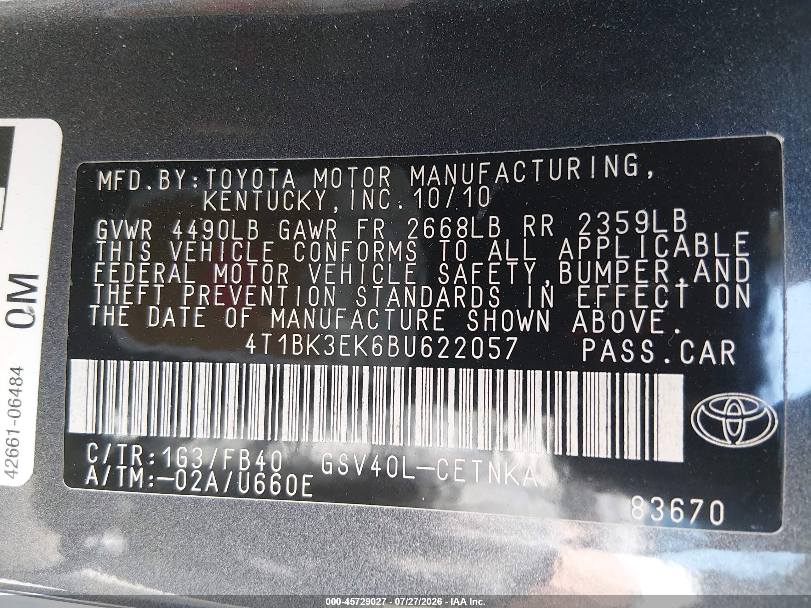 2011 Toyota Camry Le V6 Gray vin: 4T1BK3EK6BU622057