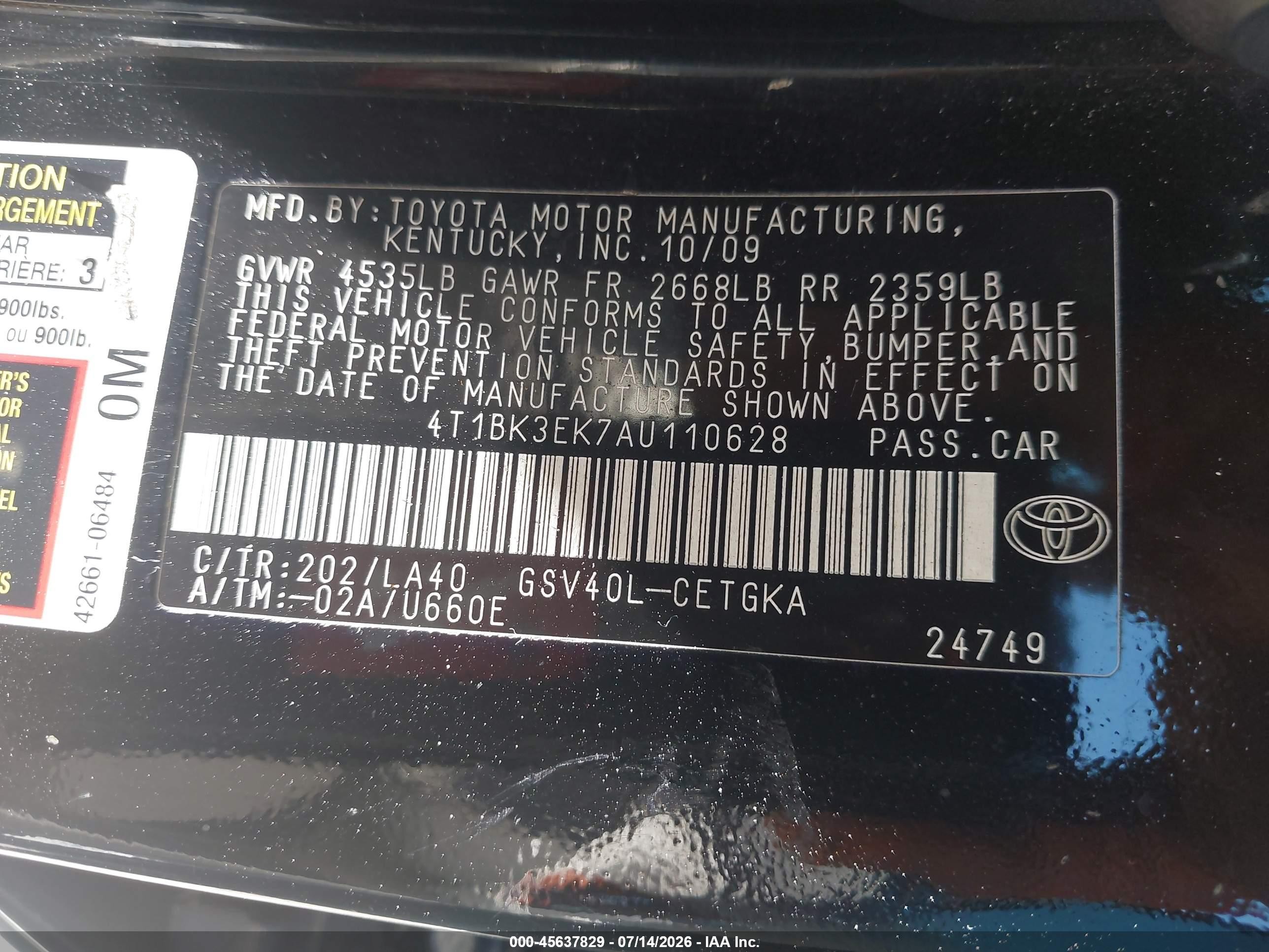 2010 Toyota Camry Xle V6 Black vin: 4T1BK3EK7AU110628