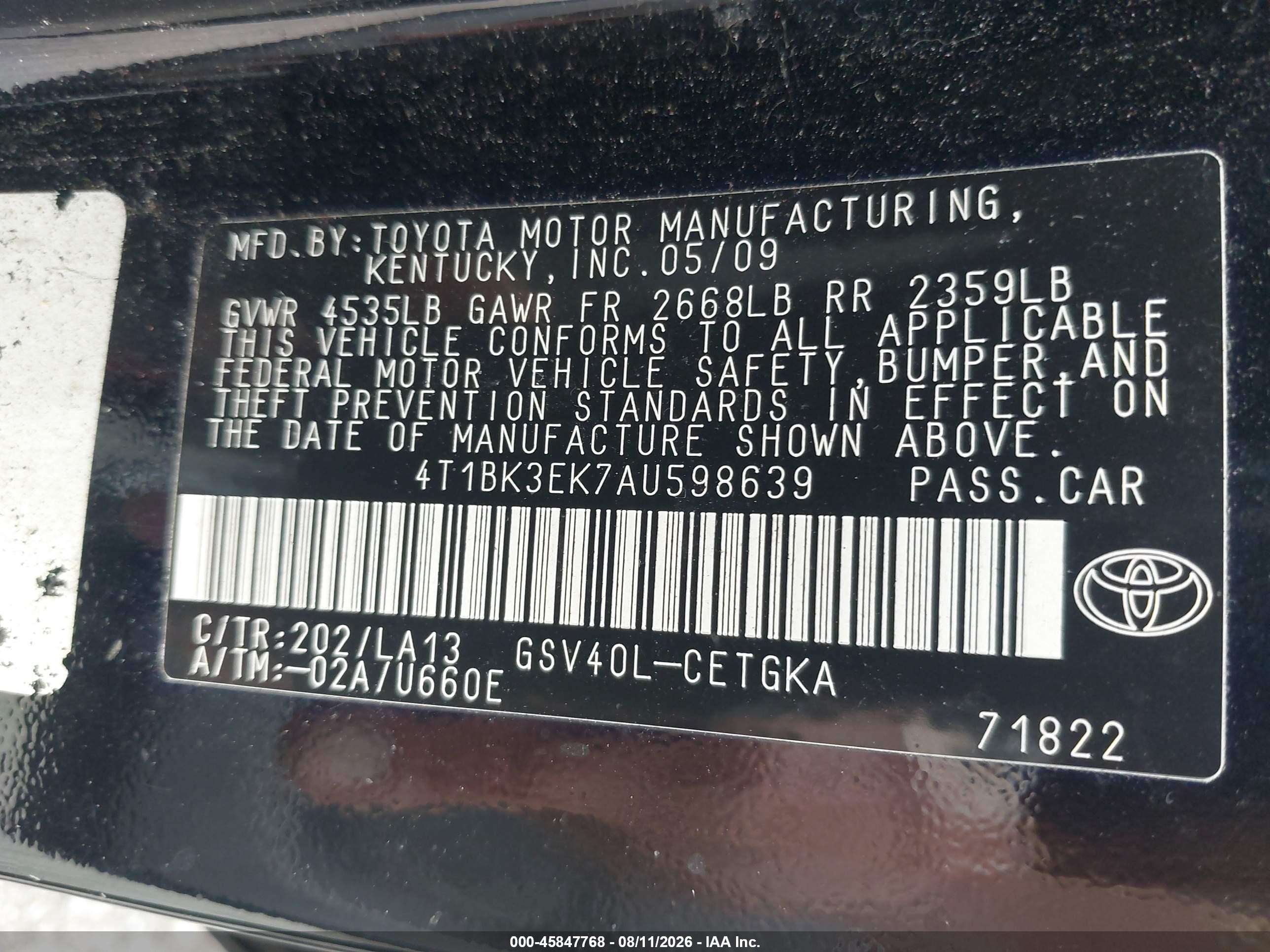 2010 Toyota Camry Xle V6 Black vin: 4T1BK3EK7AU598639