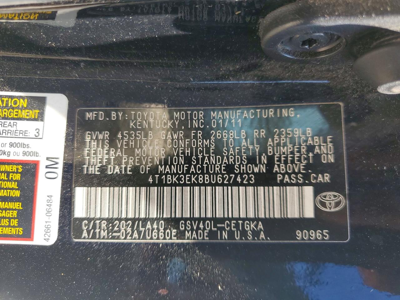 2011 Toyota Camry Xle V6 Black vin: 4T1BK3EK8BU627423