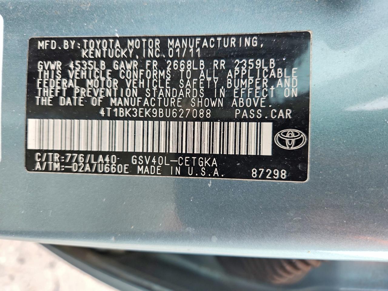 2011 Toyota Camry Xle V6 Green vin: 4T1BK3EK9BU627088
