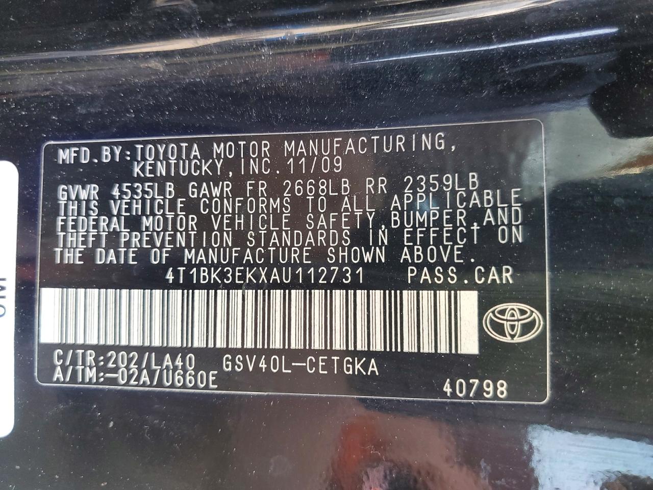 2010 Toyota Camry Xle V6 Black vin: 4T1BK3EKXAU112731