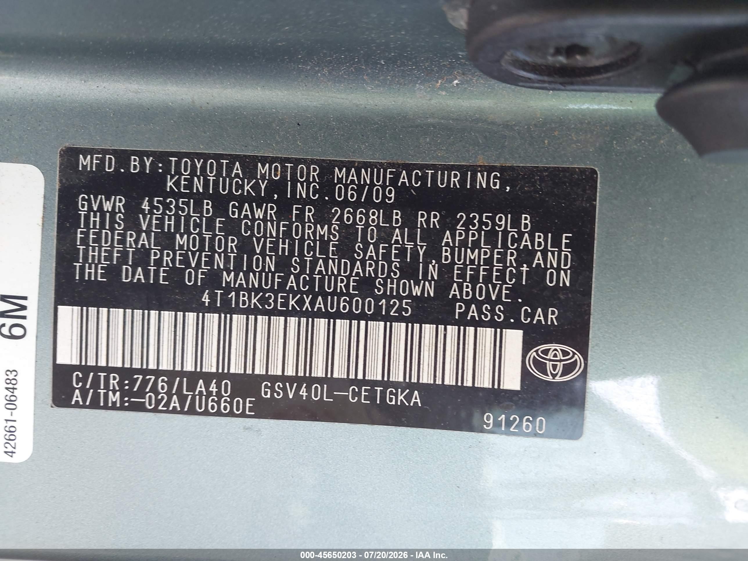 2010 Toyota Camry Xle V6 Light Blue vin: 4T1BK3EKXAU600125