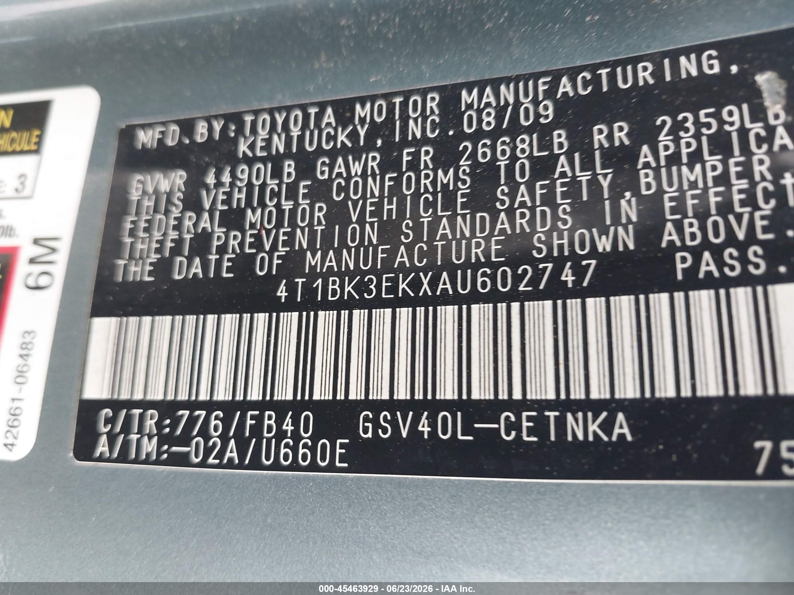 2010 Toyota Camry Le V6 Blue vin: 4T1BK3EKXAU602747