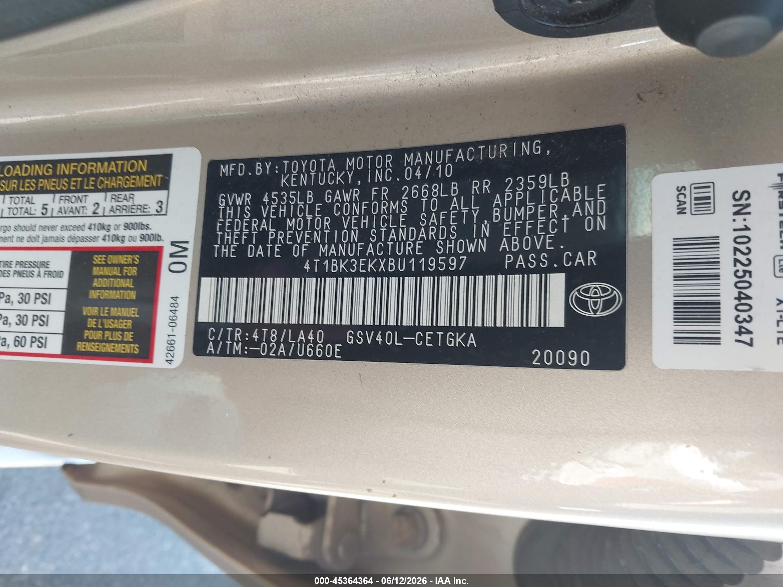 2011 Toyota Camry Xle V6 Золотой vin: 4T1BK3EKXBU119597