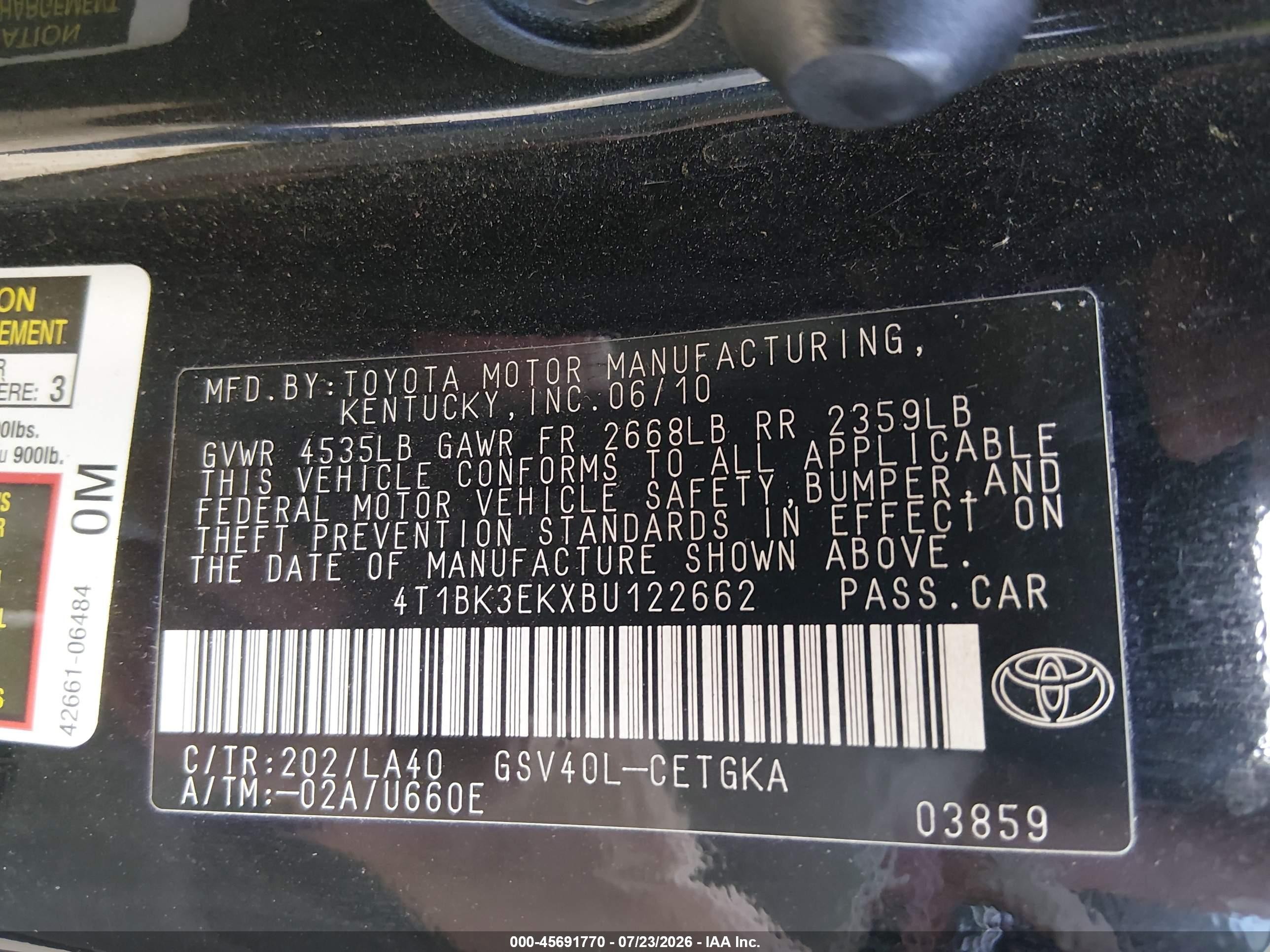 2011 Toyota Camry Xle V6 Black vin: 4T1BK3EKXBU122662