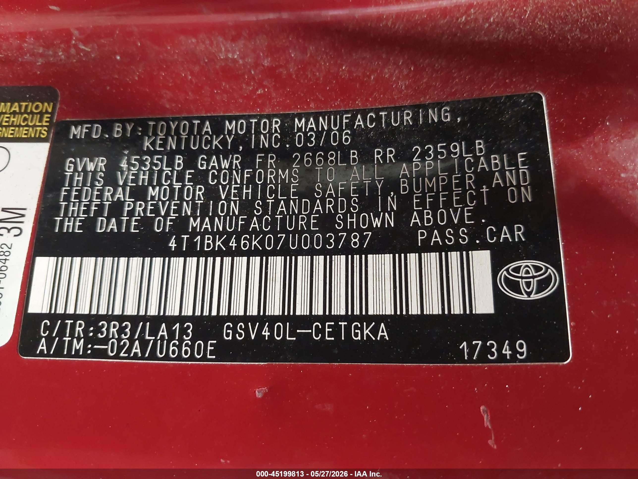 2007 Toyota Camry Xle V6 Red vin: 4T1BK46K07U003787