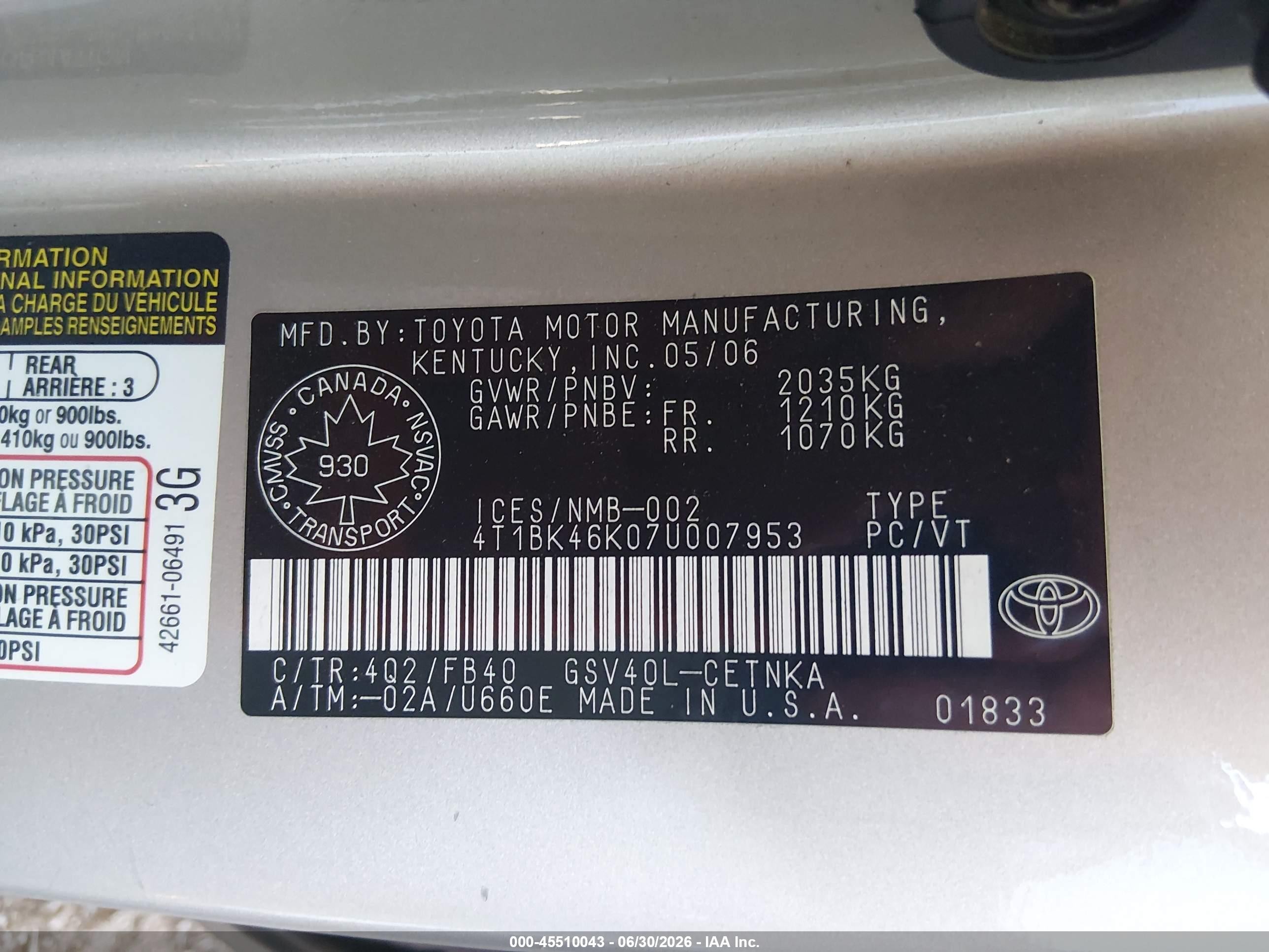 2007 Toyota Camry Le V6/se V6/xle V6 Champagne vin: 4T1BK46K07U007953