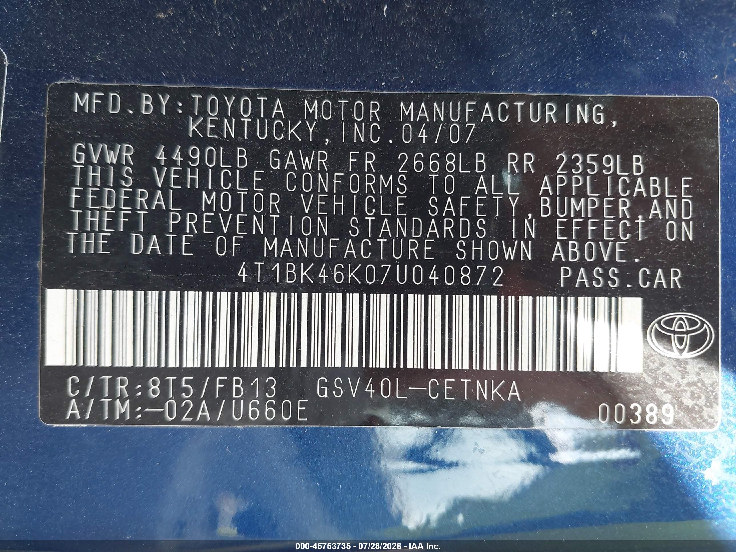 2007 Toyota Camry Le V6 Blue vin: 4T1BK46K07U040872