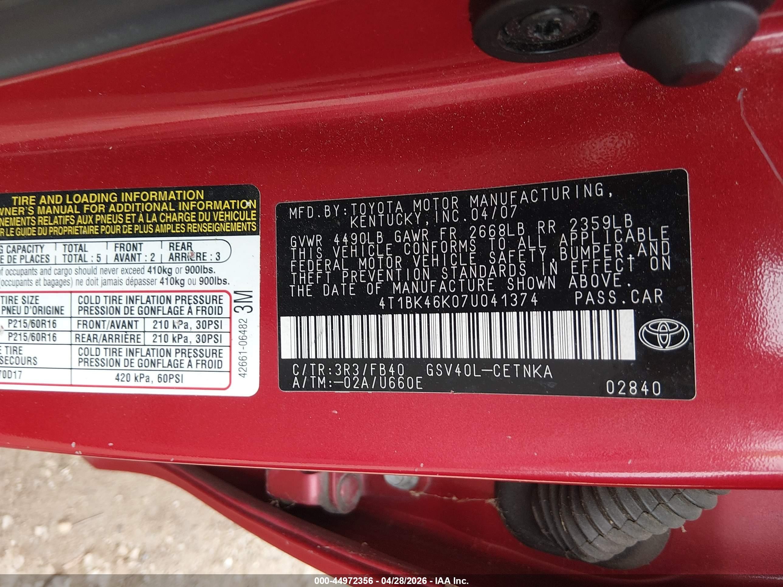 2007 Toyota Camry Le V6 Red vin: 4T1BK46K07U041374