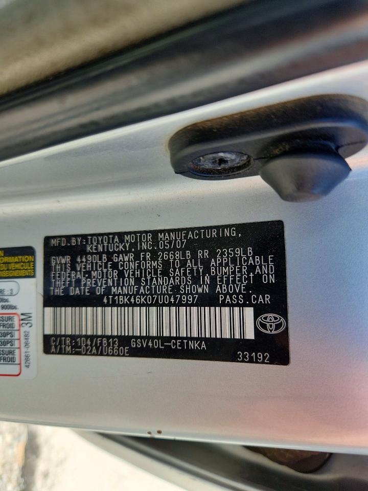 2007 Toyota Camry Le V6 Silver vin: 4T1BK46K07U047997