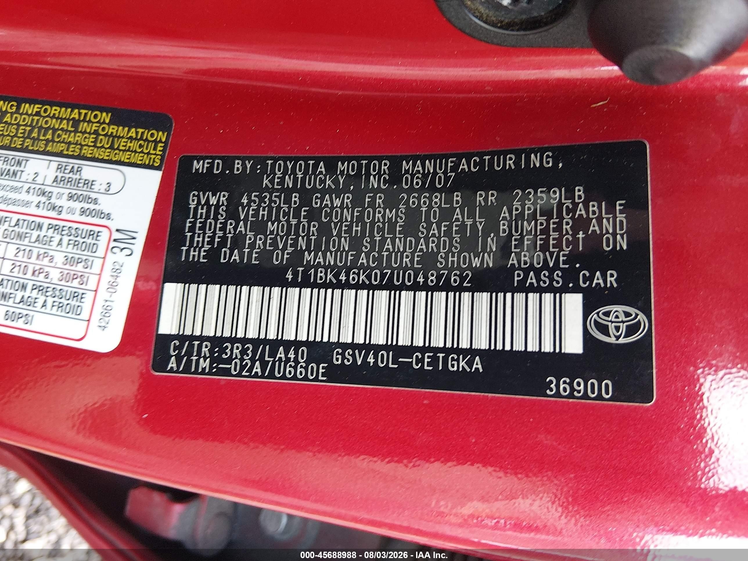 2007 Toyota Camry Xle V6 Red vin: 4T1BK46K07U048762