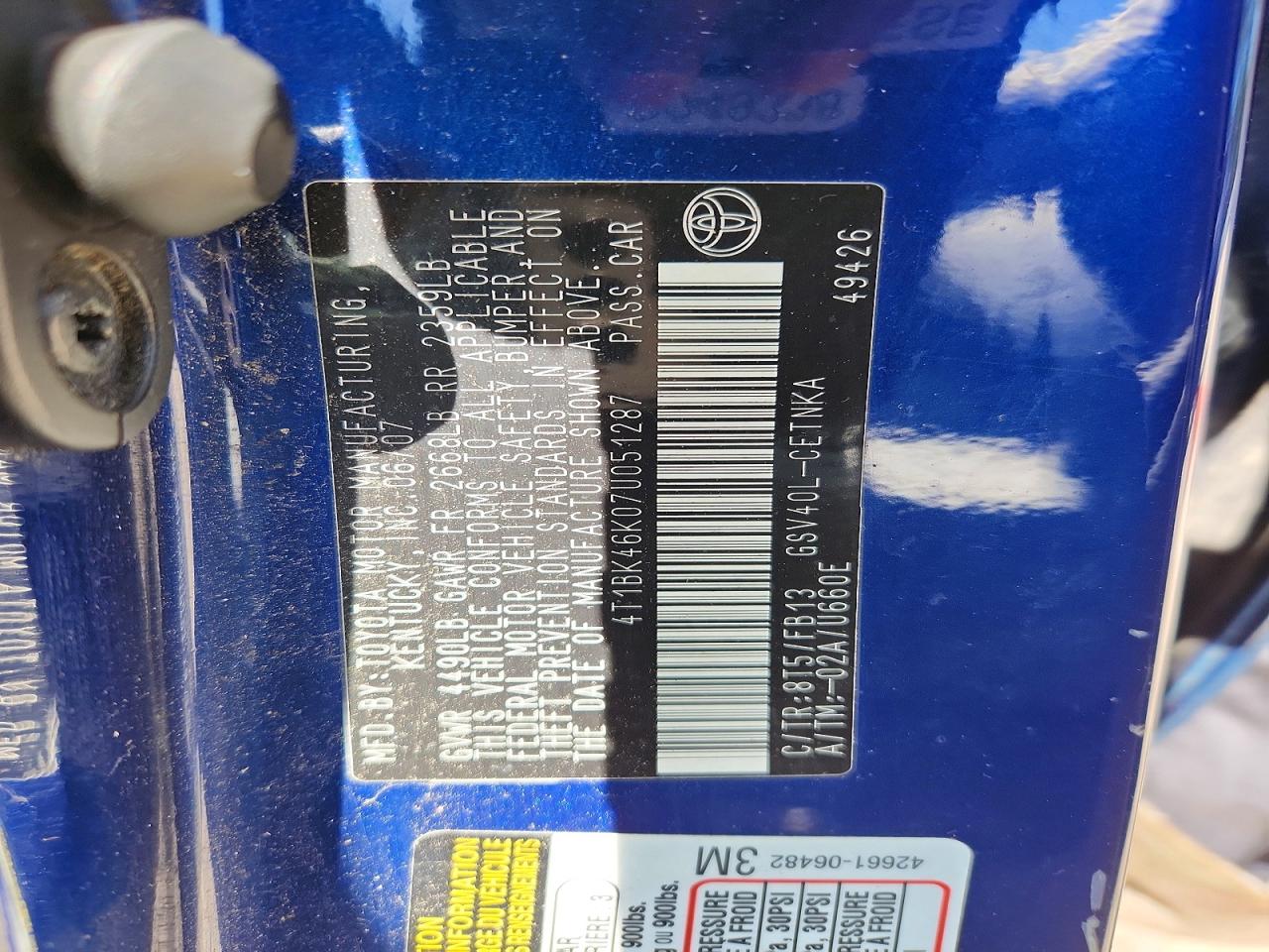 2007 Toyota Camry Le V6 Blue vin: 4T1BK46K07U051287