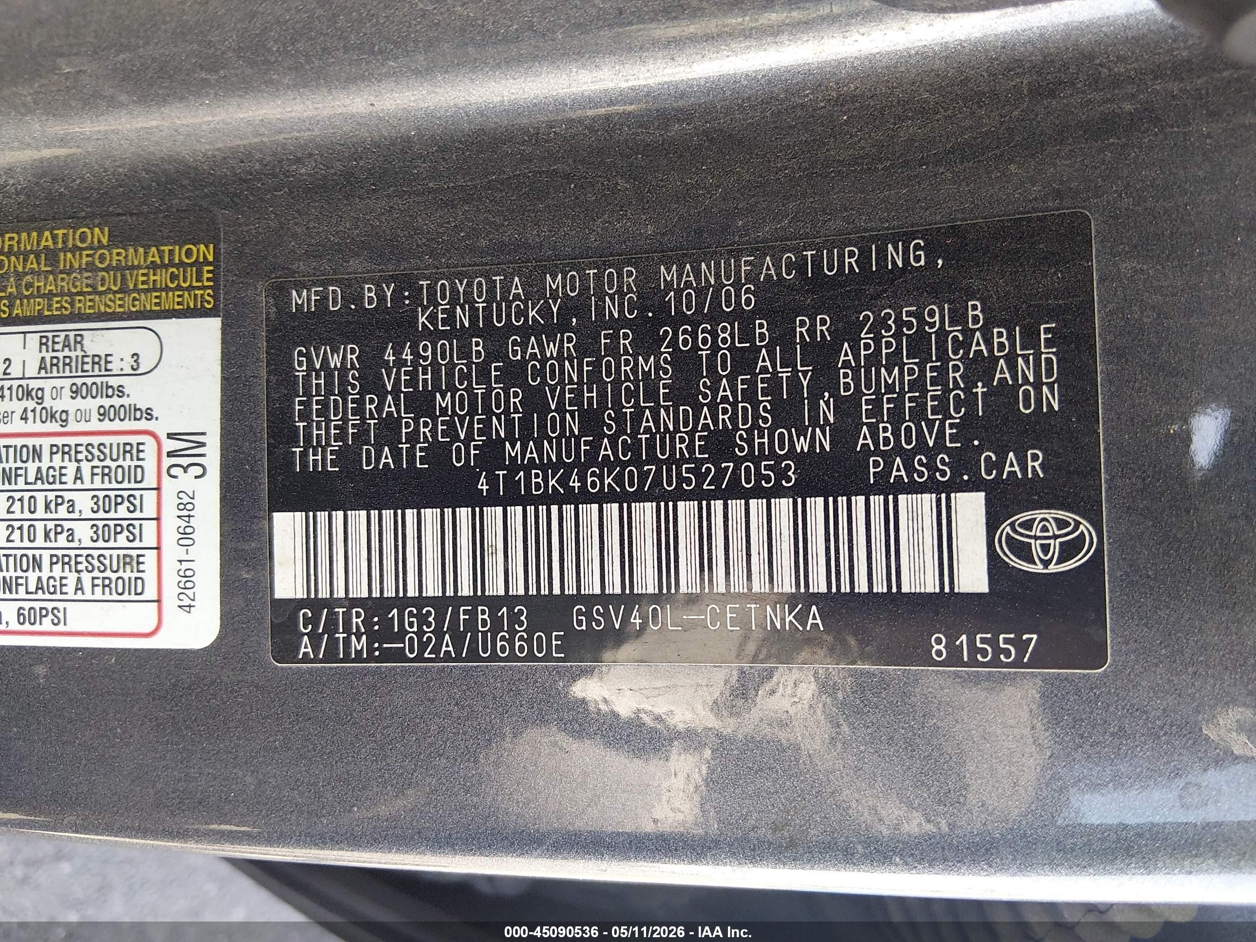 2007 Toyota Camry Le V6 Black vin: 4T1BK46K07U527053