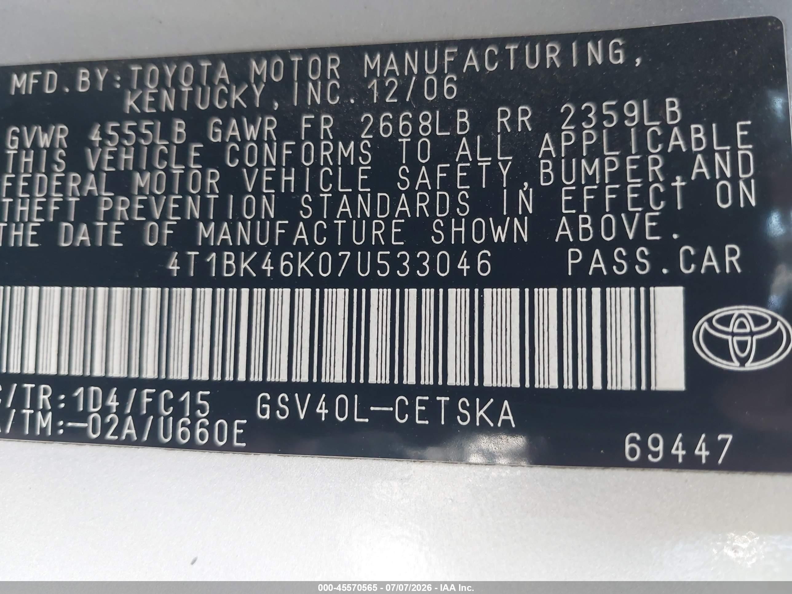 2007 Toyota Camry Se V6 Silver vin: 4T1BK46K07U533046