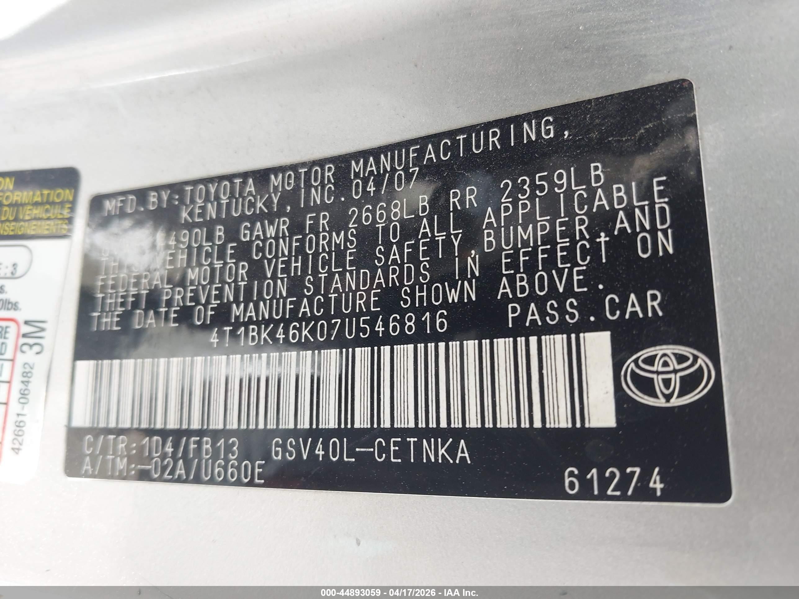 2007 Toyota Camry Le V6 Silver vin: 4T1BK46K07U546816